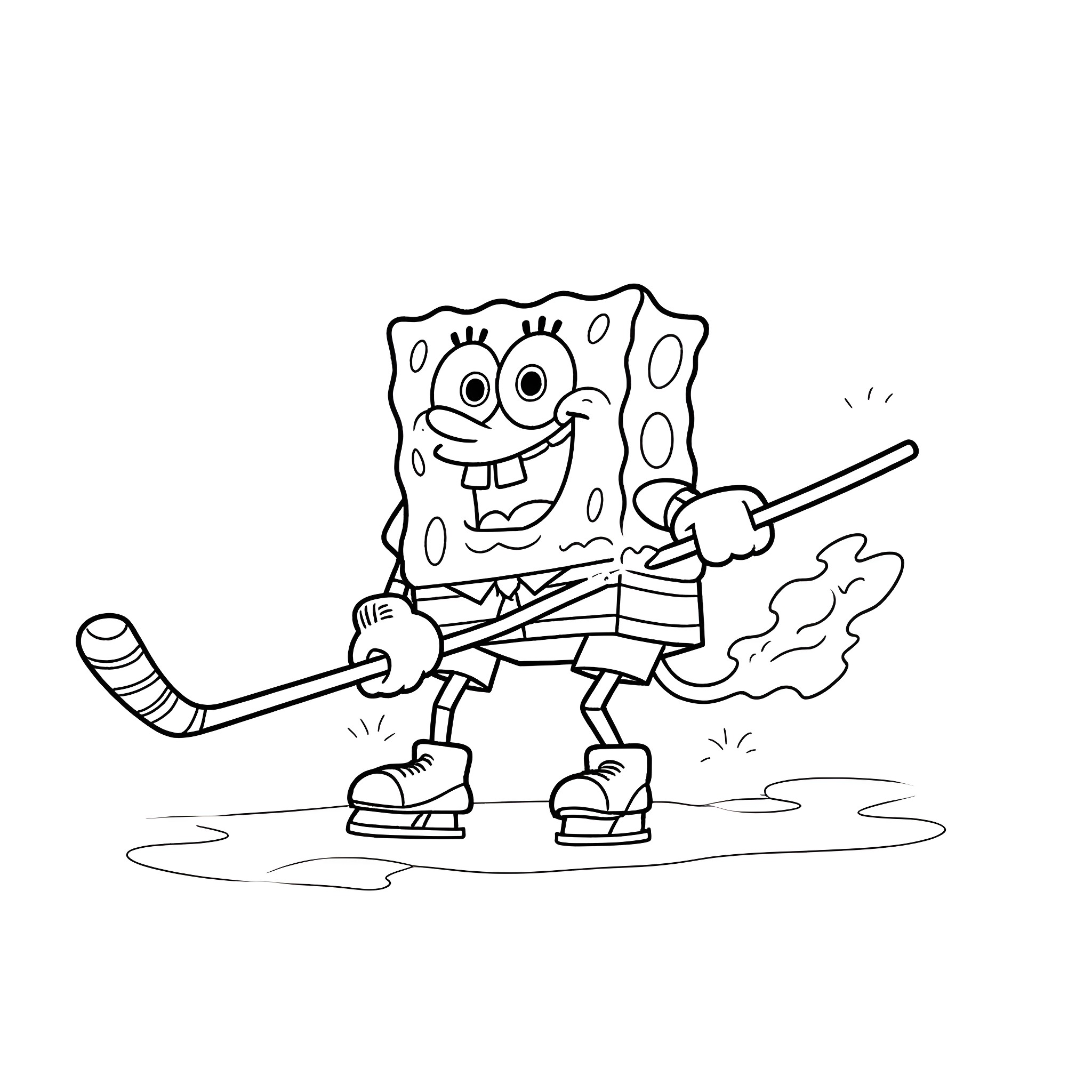 Spongebob playing hockey on the ice rink Coloring Page (free black-and-white line drawing printable PDF for all, from beginners to advanced learners, including children, teens, adults, and seniors)