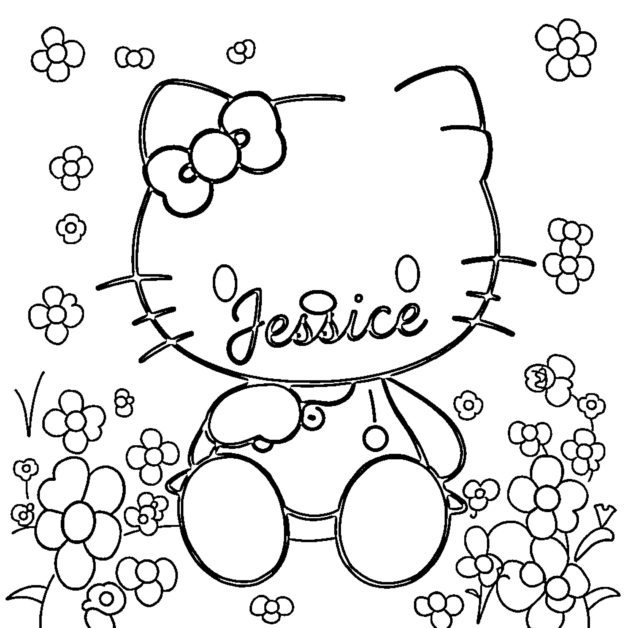Hello Kitty surrounded by flowers Coloring Page (free black-and-white line drawing printable PDF for all, from beginners to advanced learners, including children, teens, adults, and seniors)
