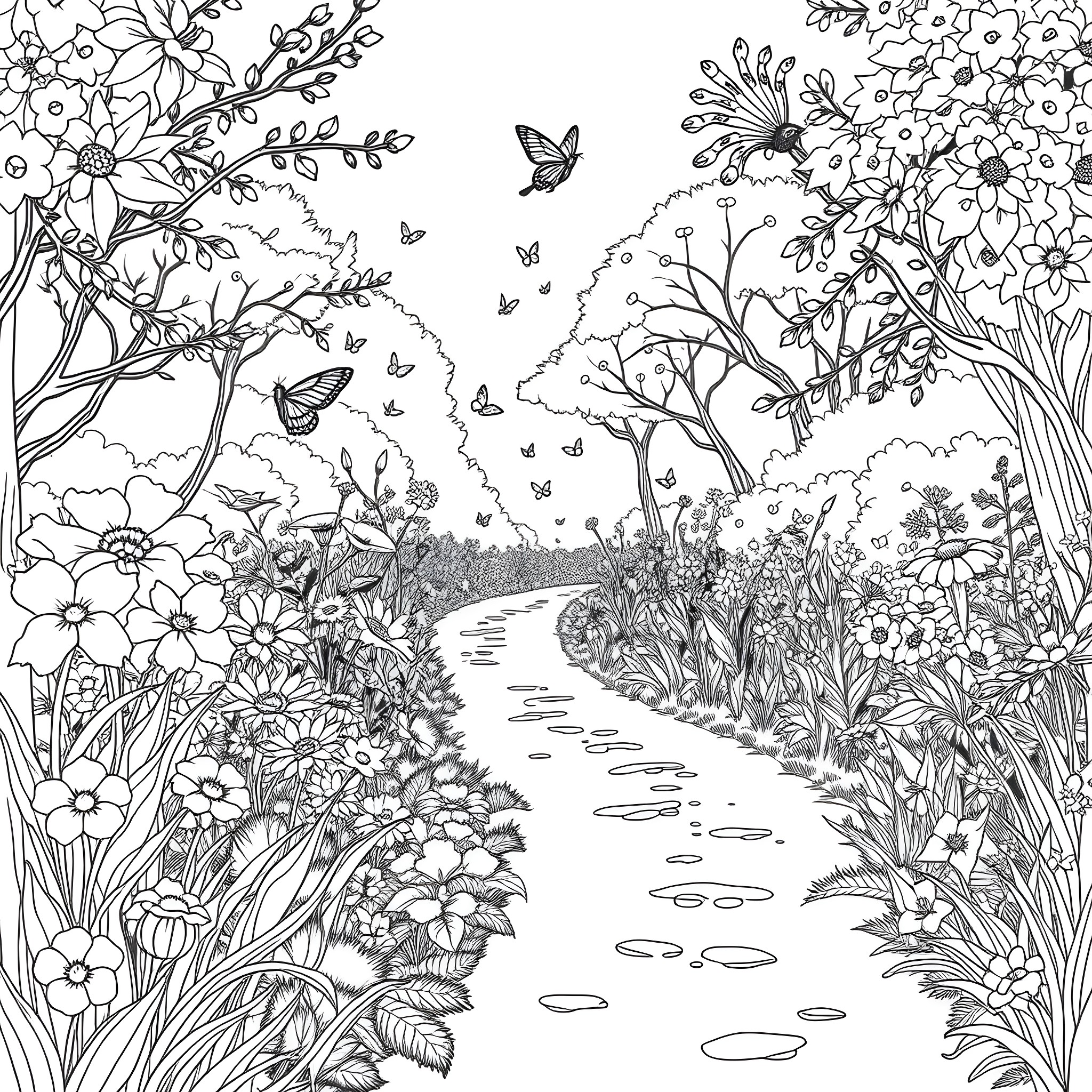 Flower-filled magical garden path with fluttering butterflies Coloring Page (free black-and-white line drawing printable PDF for all, from beginners to advanced learners, including children, teens, adults, and seniors)