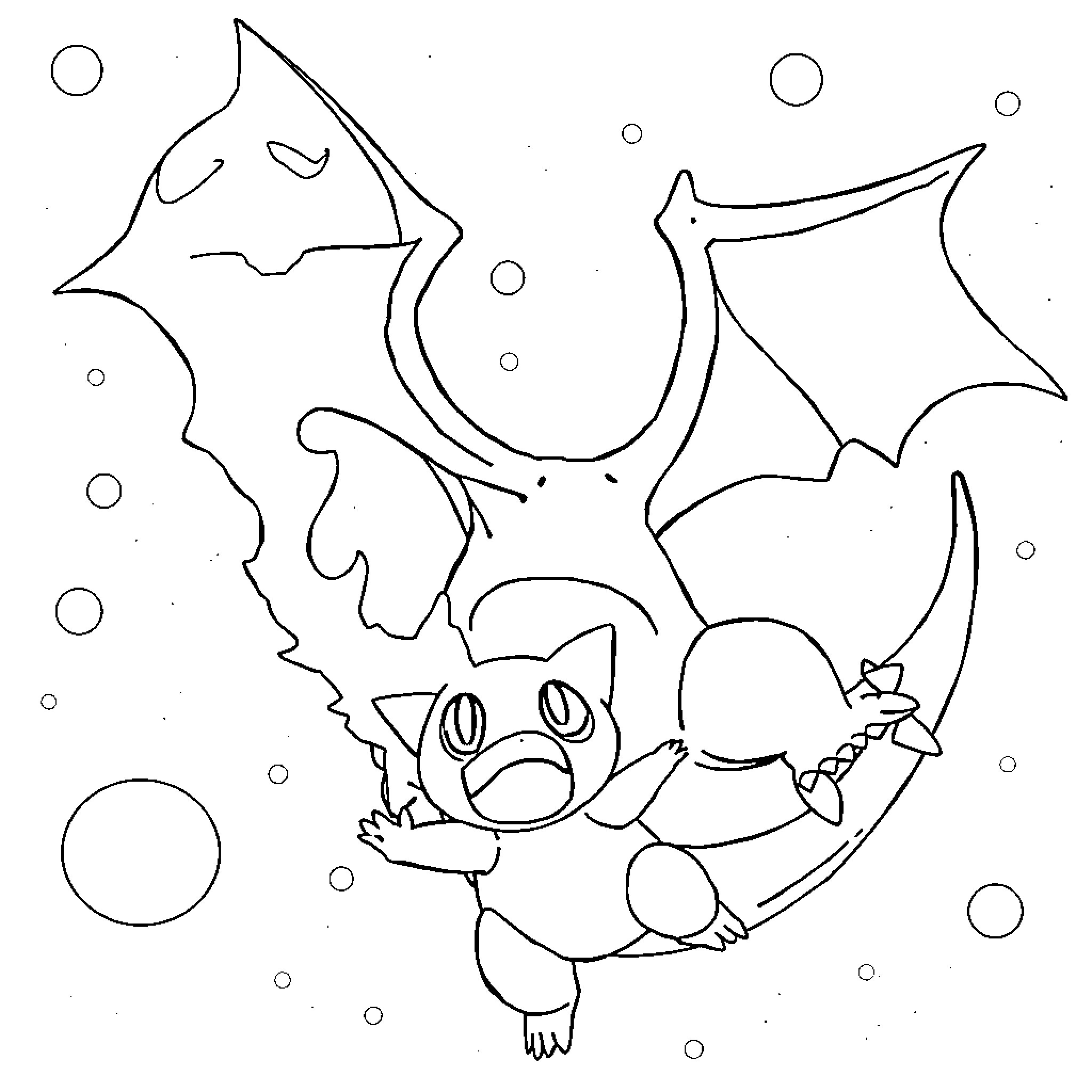 Charizard flying playfully with bubbles Coloring Page (free black-and-white line drawing printable PDF for all, from beginners to advanced learners, including children, teens, adults, and seniors)