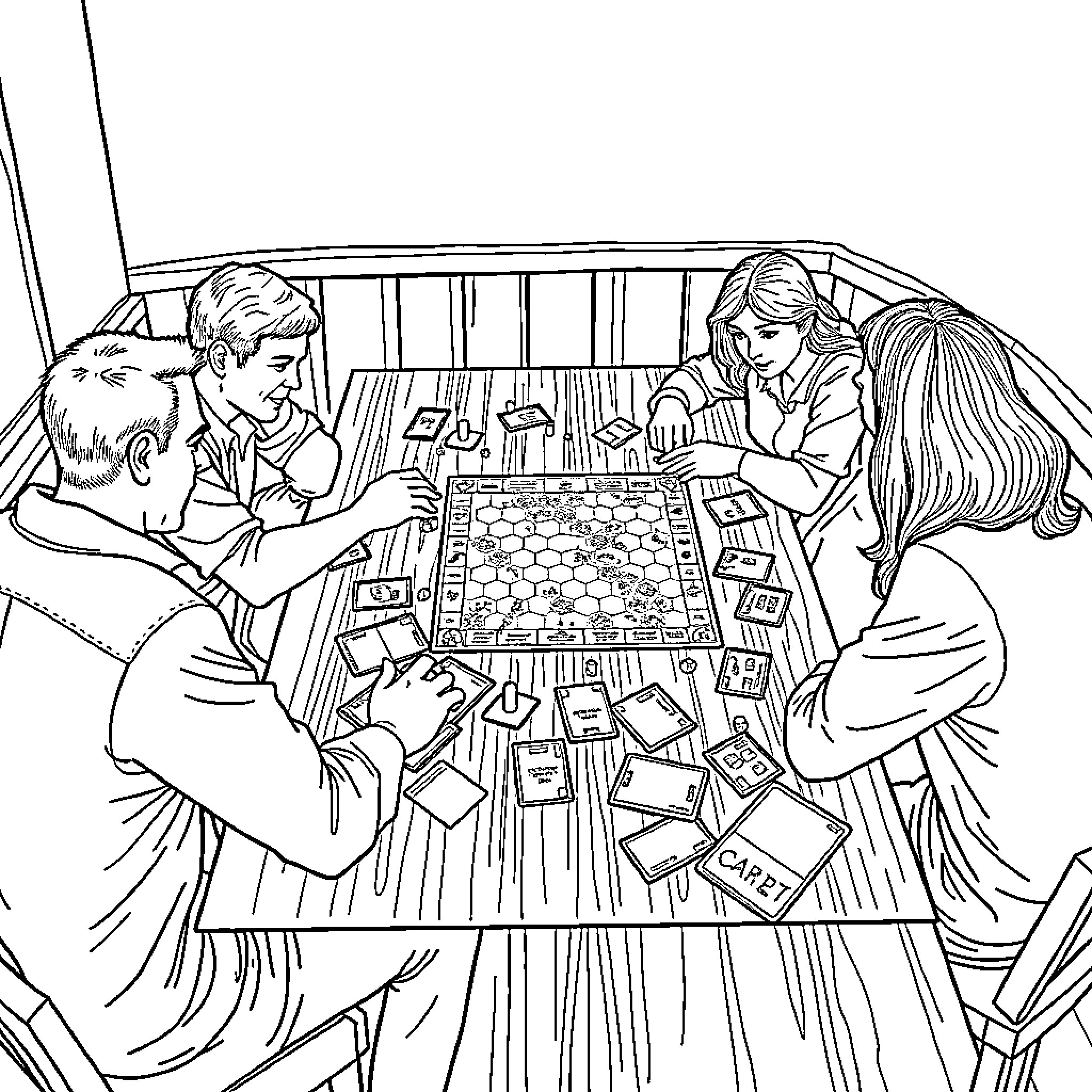 Person playing a board game with friends Coloring Page (free black-and-white line drawing printable PDF for all, from beginners to advanced learners, including children, teens, adults, and seniors)