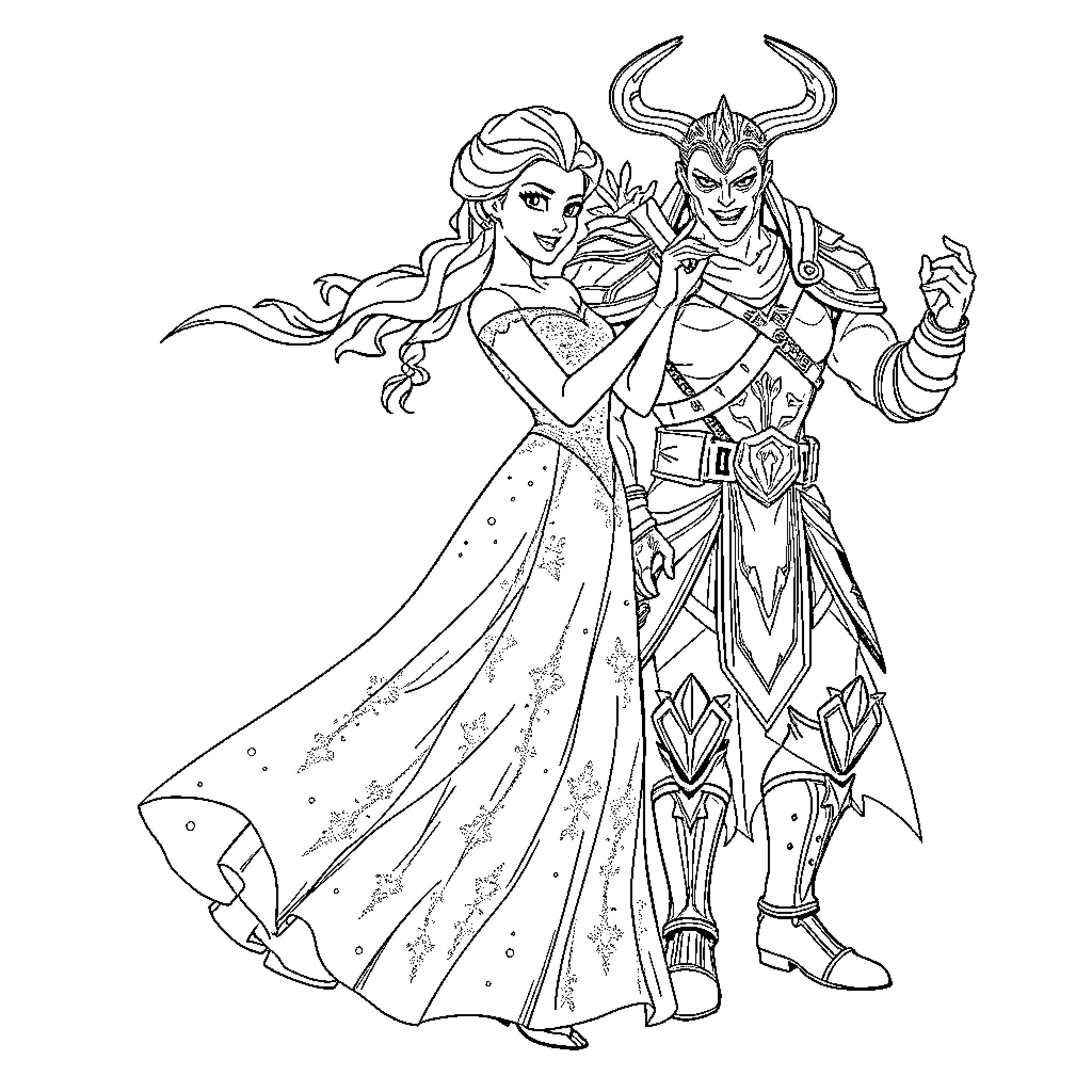 Elsa and a Mystical Knight in Elegant Attire Coloring Page (free black-and-white line drawing printable PDF for all, from beginners to advanced learners, including children, teens, adults, and seniors)
