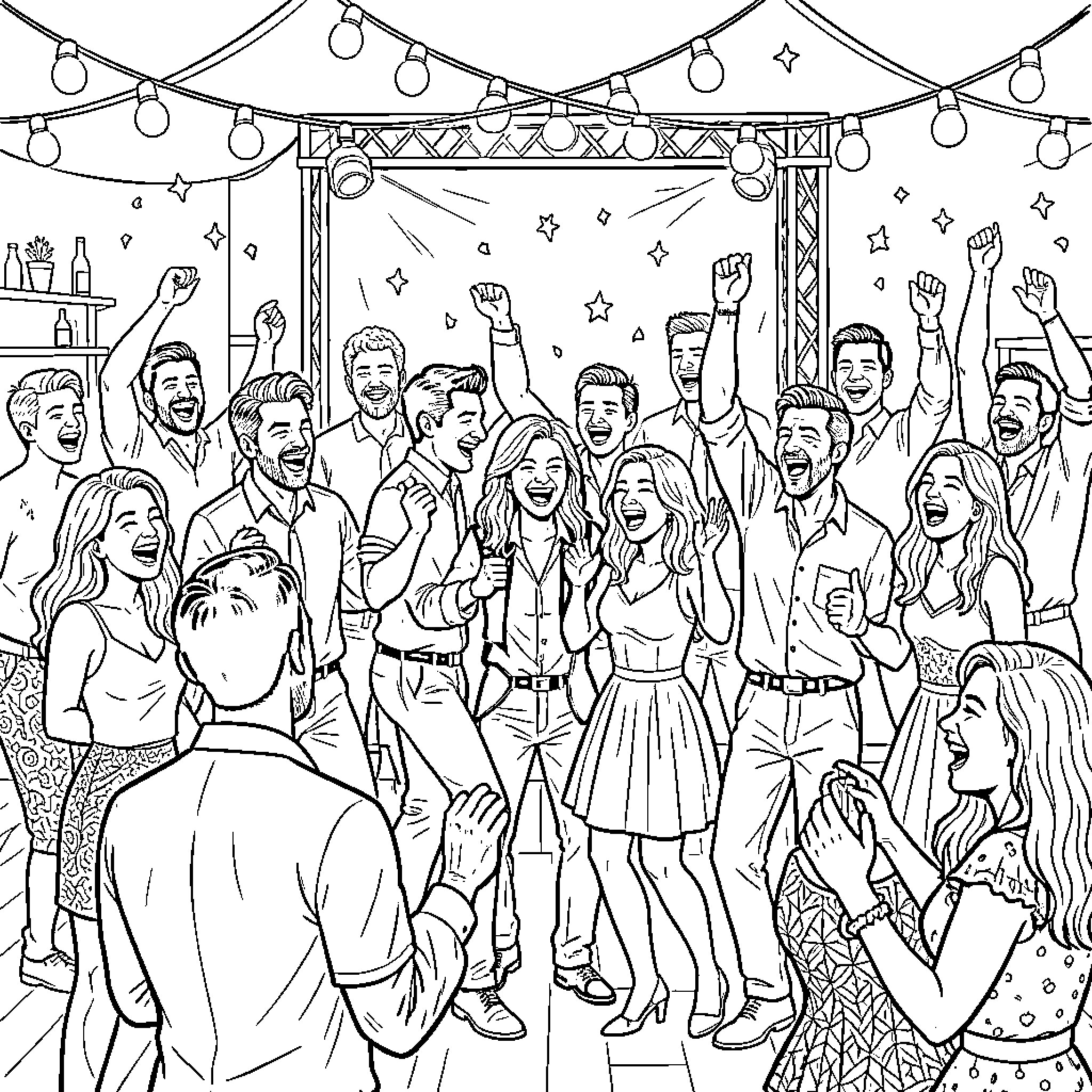 Dance Party with Lively Celebration and Festive Decorations Coloring Page (free black-and-white line drawing printable PDF for all, from beginners to advanced learners, including children, teens, adults, and seniors)