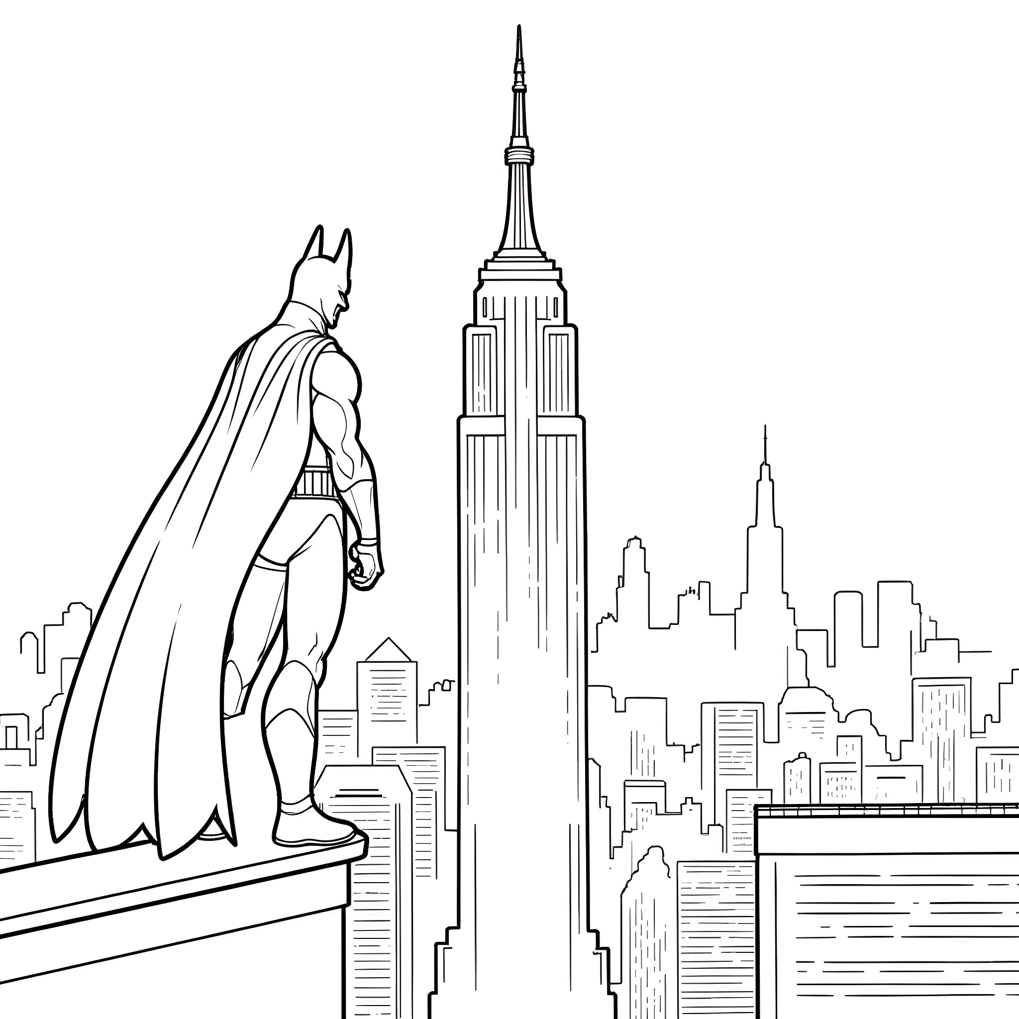 Batman overlooking the city skyline Coloring Page (free black-and-white line drawing printable PDF for all, from beginners to advanced learners, including children, teens, adults, and seniors)