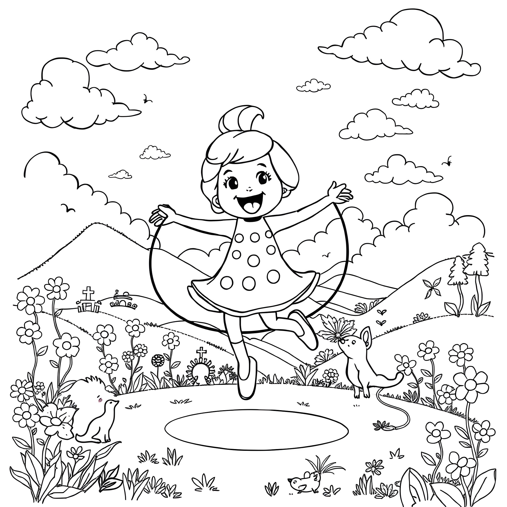 Pebble skipping happily in a whimsical meadow Coloring Page (free black-and-white line drawing printable PDF for all, from beginners to advanced learners, including children, teens, adults, and seniors)