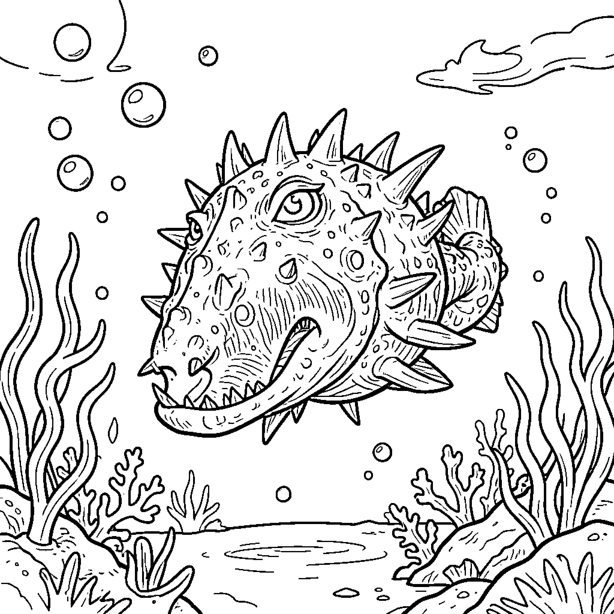 Sea Eater's Underwater Adventure Coloring Page (free black-and-white line drawing printable PDF for all, from beginners to advanced learners, including children, teens, adults, and seniors)