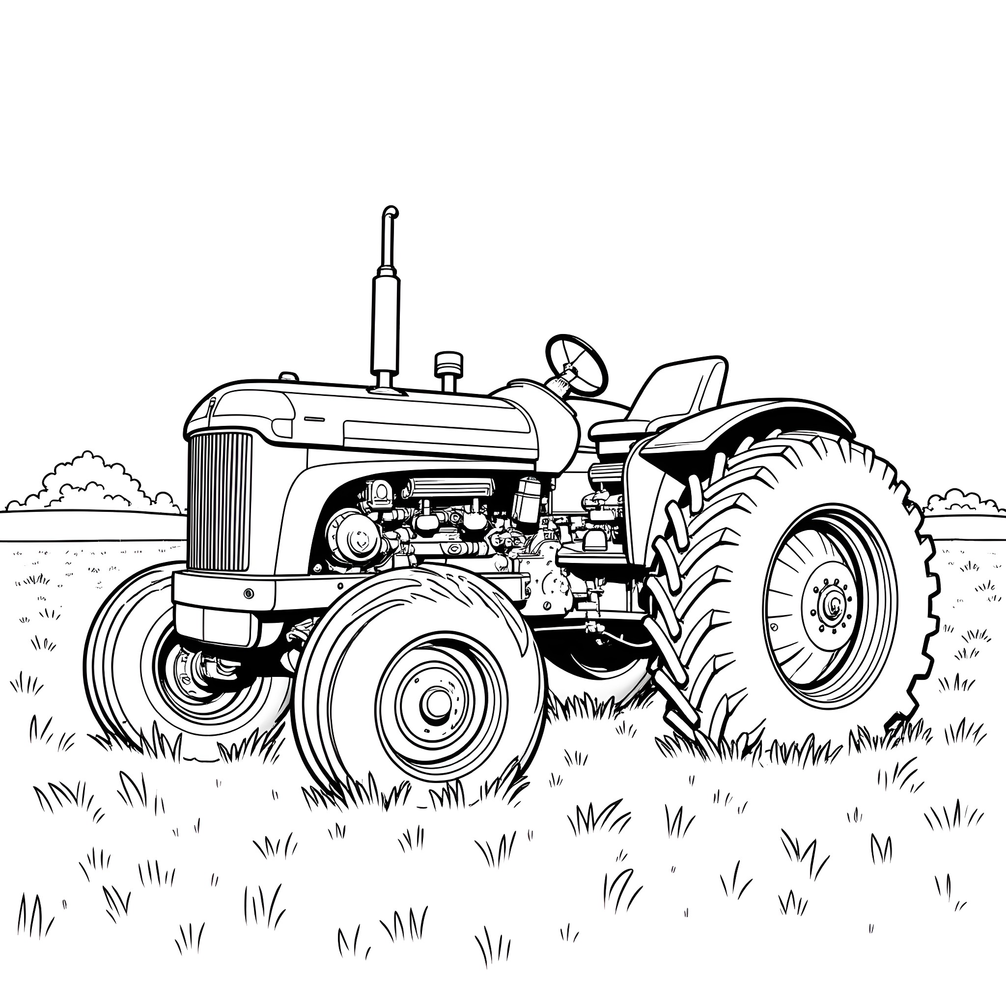 Tractor working in the grassy field Coloring Page (free black-and-white line drawing printable PDF for all, from beginners to advanced learners, including children, teens, adults, and seniors)