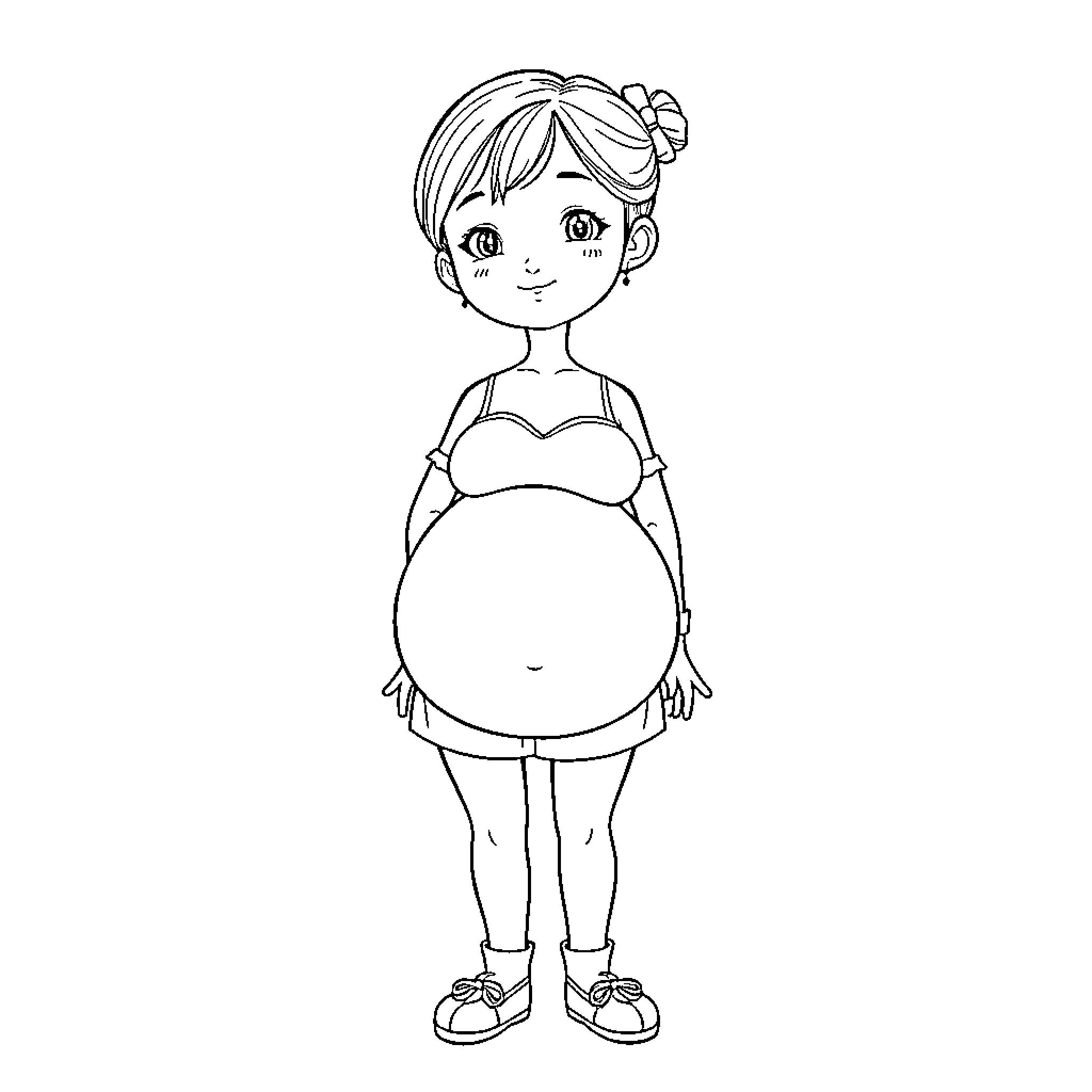 Girl in Casual Maternity Outfit Coloring Page (free black-and-white line drawing printable PDF for all, from beginners to advanced learners, including children, teens, adults, and seniors)