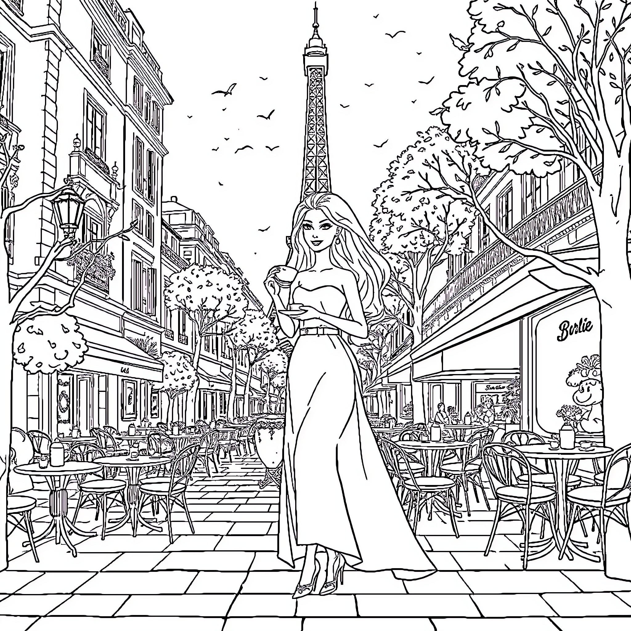 Barbie enjoying a stroll through the Parisian streets Coloring Page (free black-and-white line drawing printable PDF for all, from beginners to advanced learners, including children, teens, adults, and seniors)