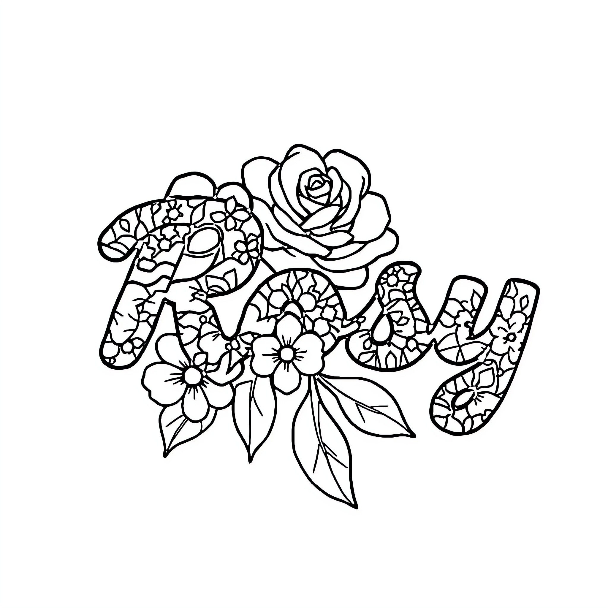 Rosy Floral Arrangement with Cursive Text Coloring Page (free black-and-white line drawing printable PDF for all, from beginners to advanced learners, including children, teens, adults, and seniors)