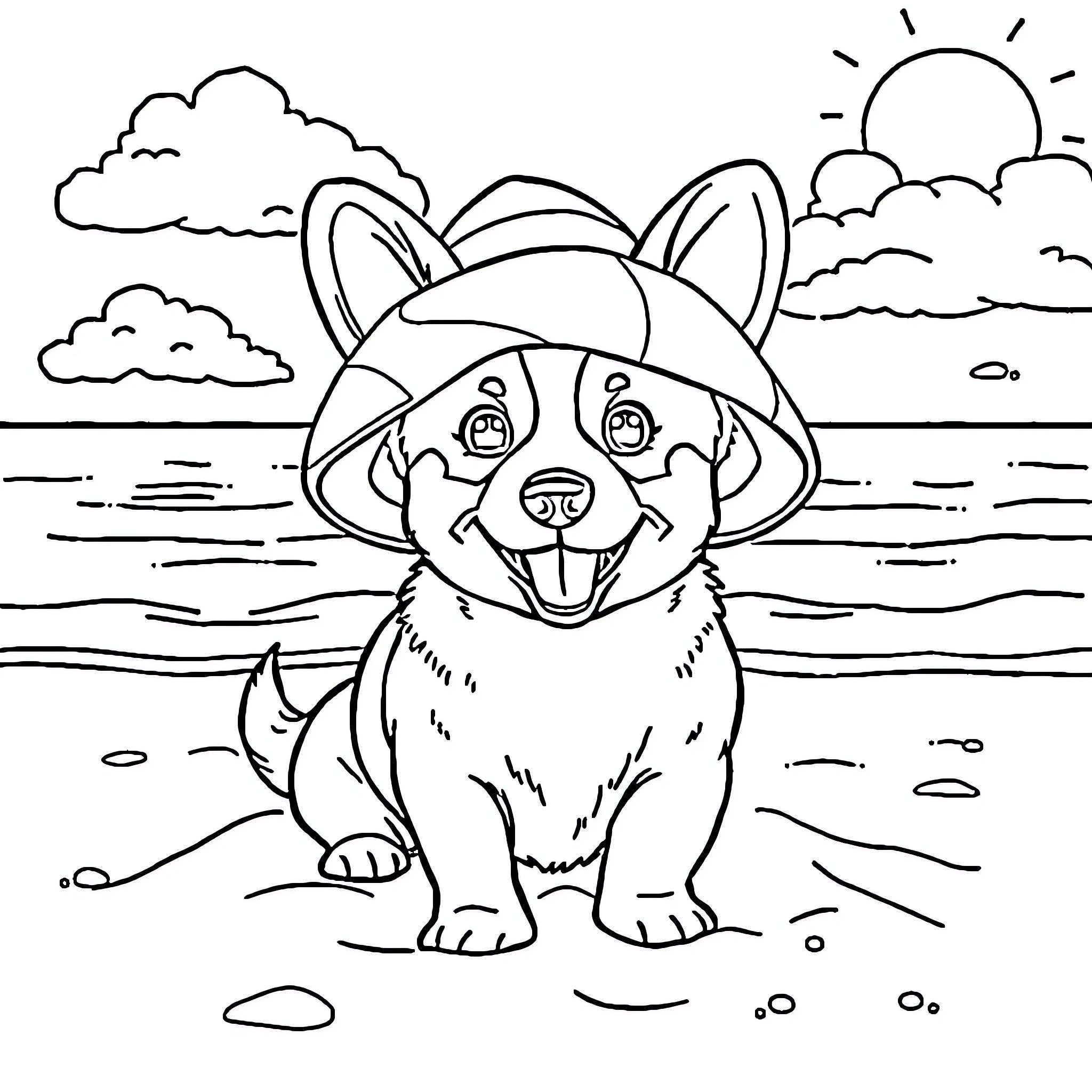 Corgi playing happily on the beach Coloring Page (free black-and-white line drawing printable PDF for all, from beginners to advanced learners, including children, teens, adults, and seniors)