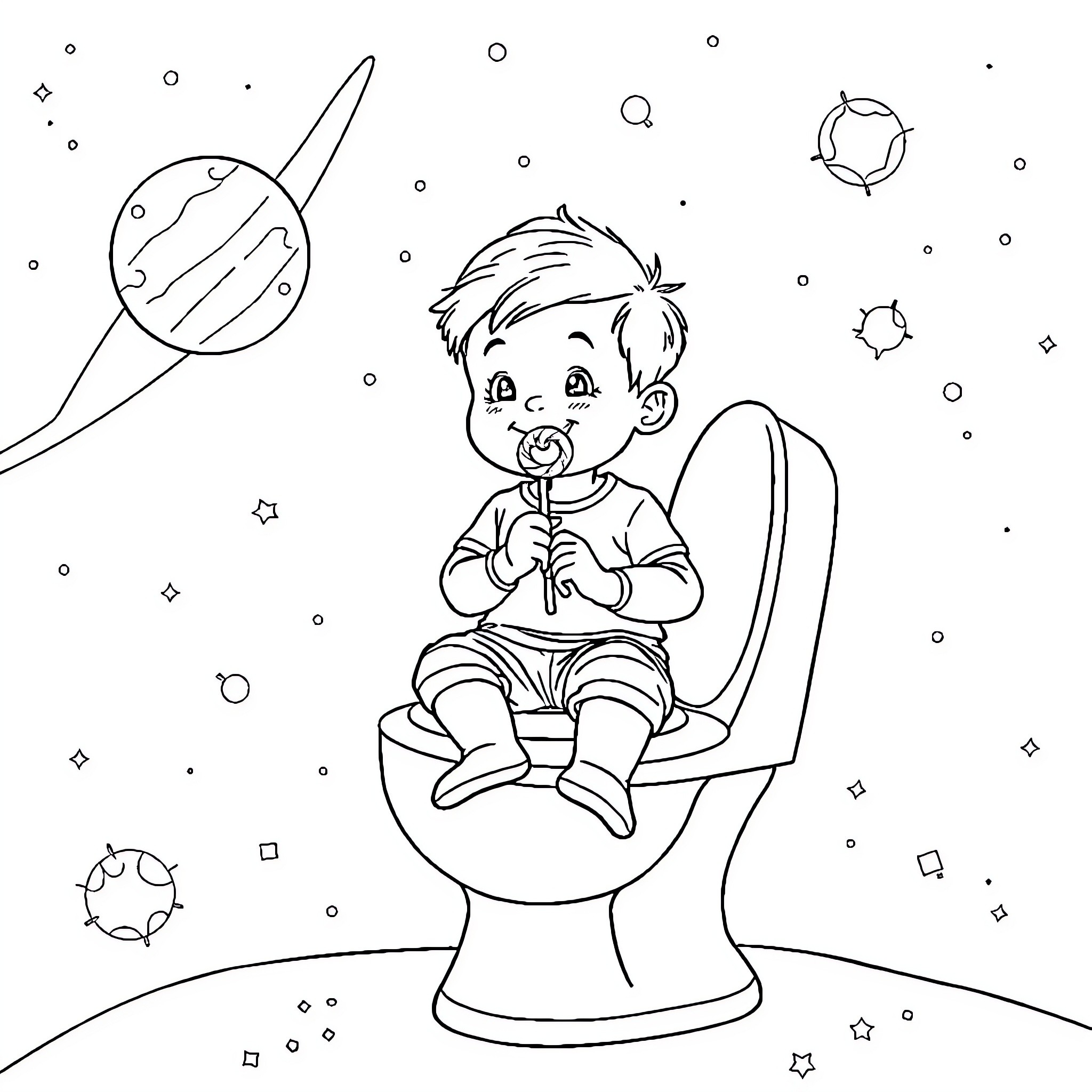 Boy exploring the cosmos on a toilet seat Coloring Page (free black-and-white line drawing printable PDF for all, from beginners to advanced learners, including children, teens, adults, and seniors)
