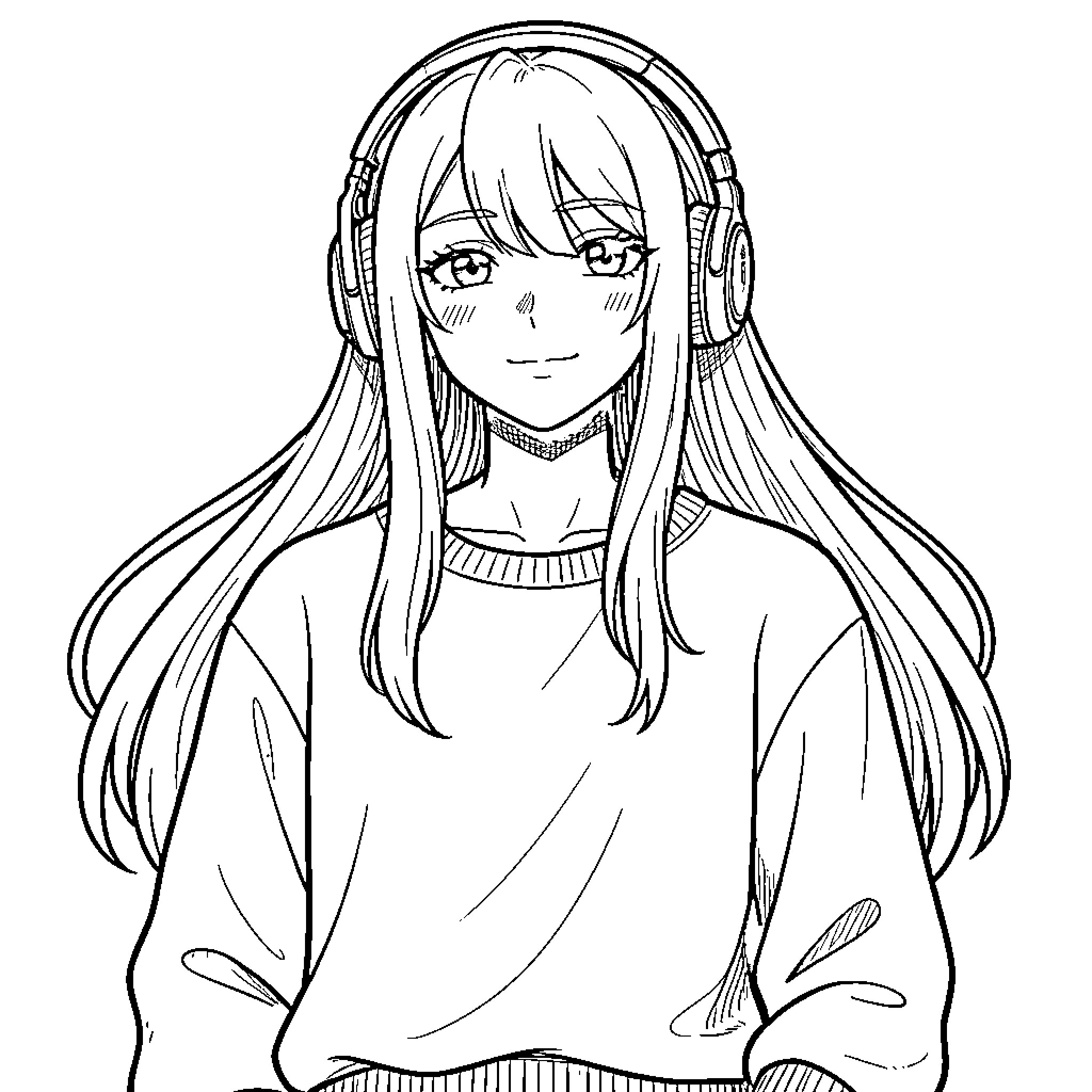 Anime Girl Wearing Headphones with Sad Expression Coloring Page (free black-and-white line drawing printable PDF for all, from beginners to advanced learners, including children, teens, adults, and seniors)