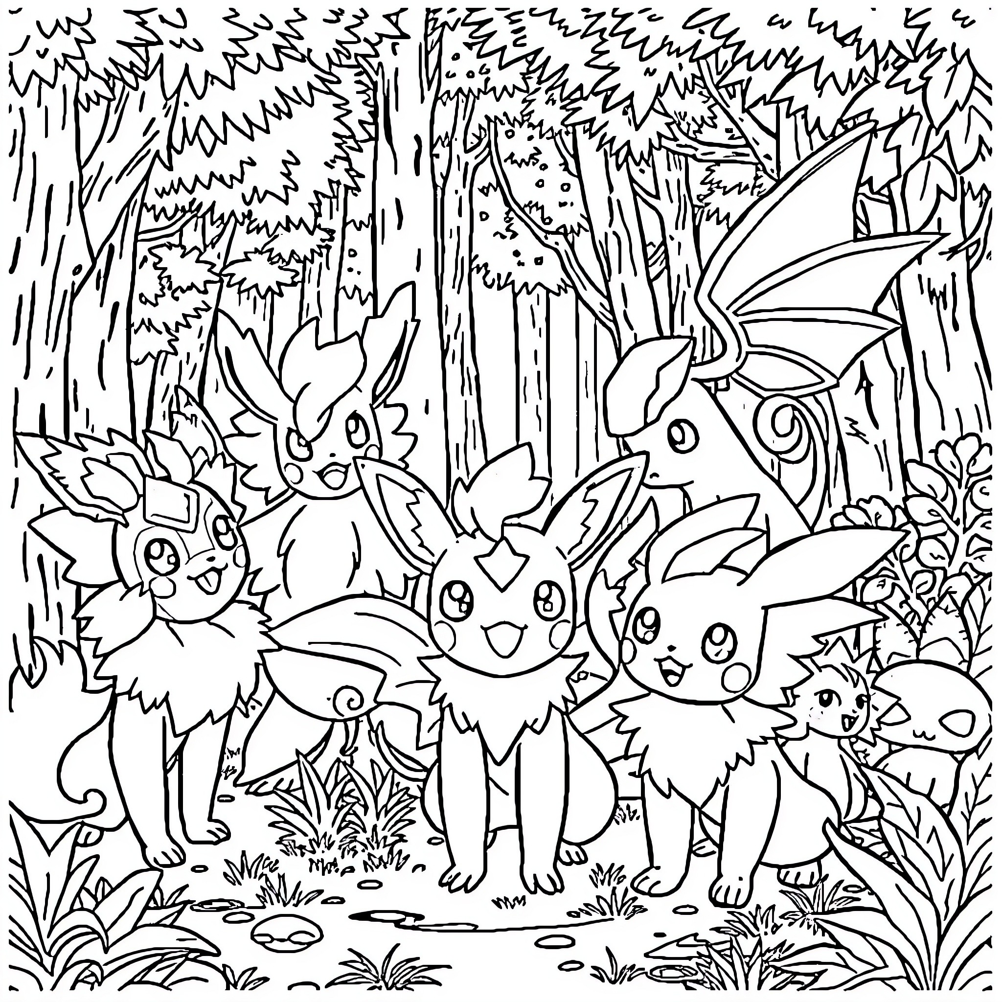 Pokémon adventure in the enchanted forest Coloring Page (free black-and-white line drawing printable PDF for all, from beginners to advanced learners, including children, teens, adults, and seniors)