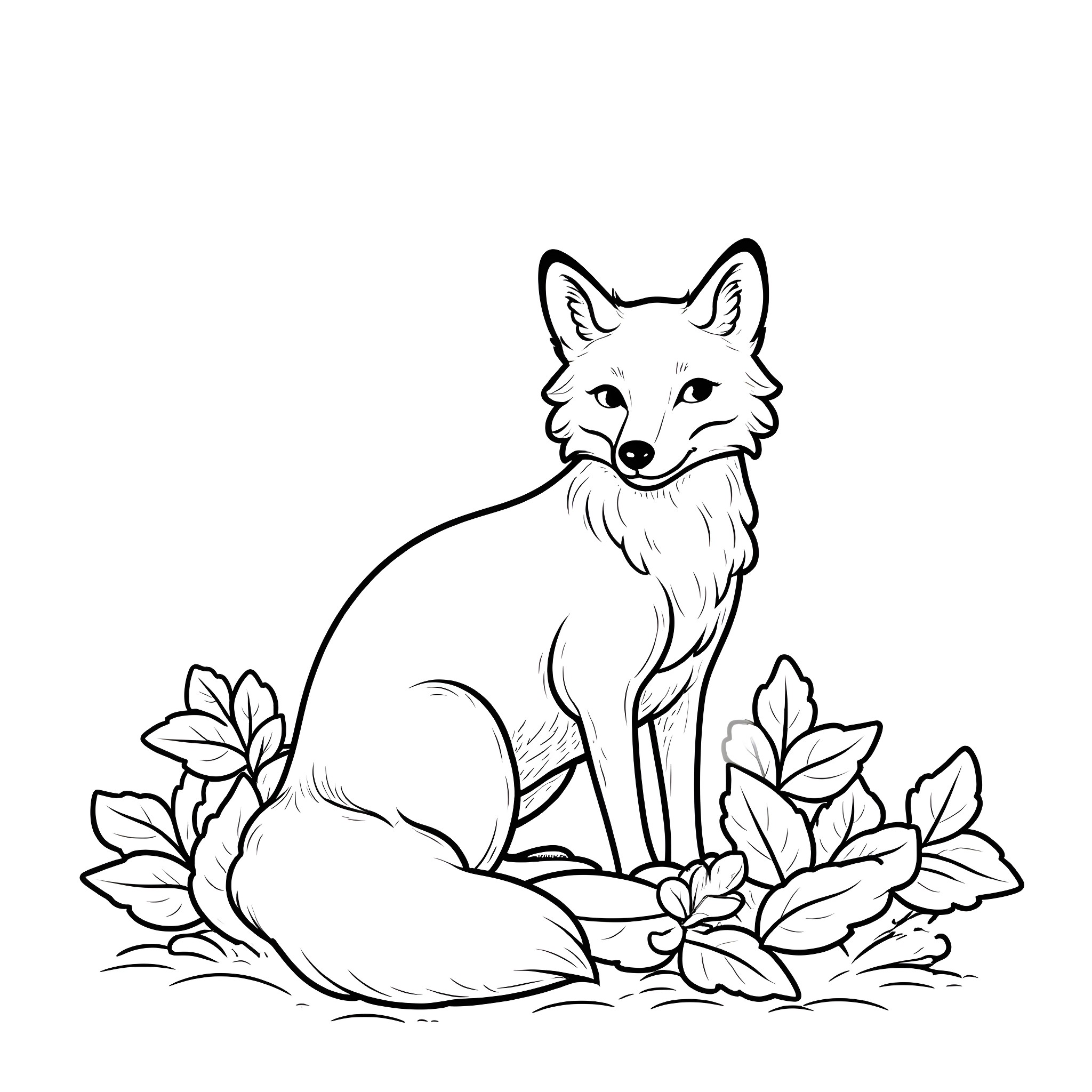 Fox sitting calmly in nature Coloring Page (free black-and-white line drawing printable PDF for all, from beginners to advanced learners, including children, teens, adults, and seniors)