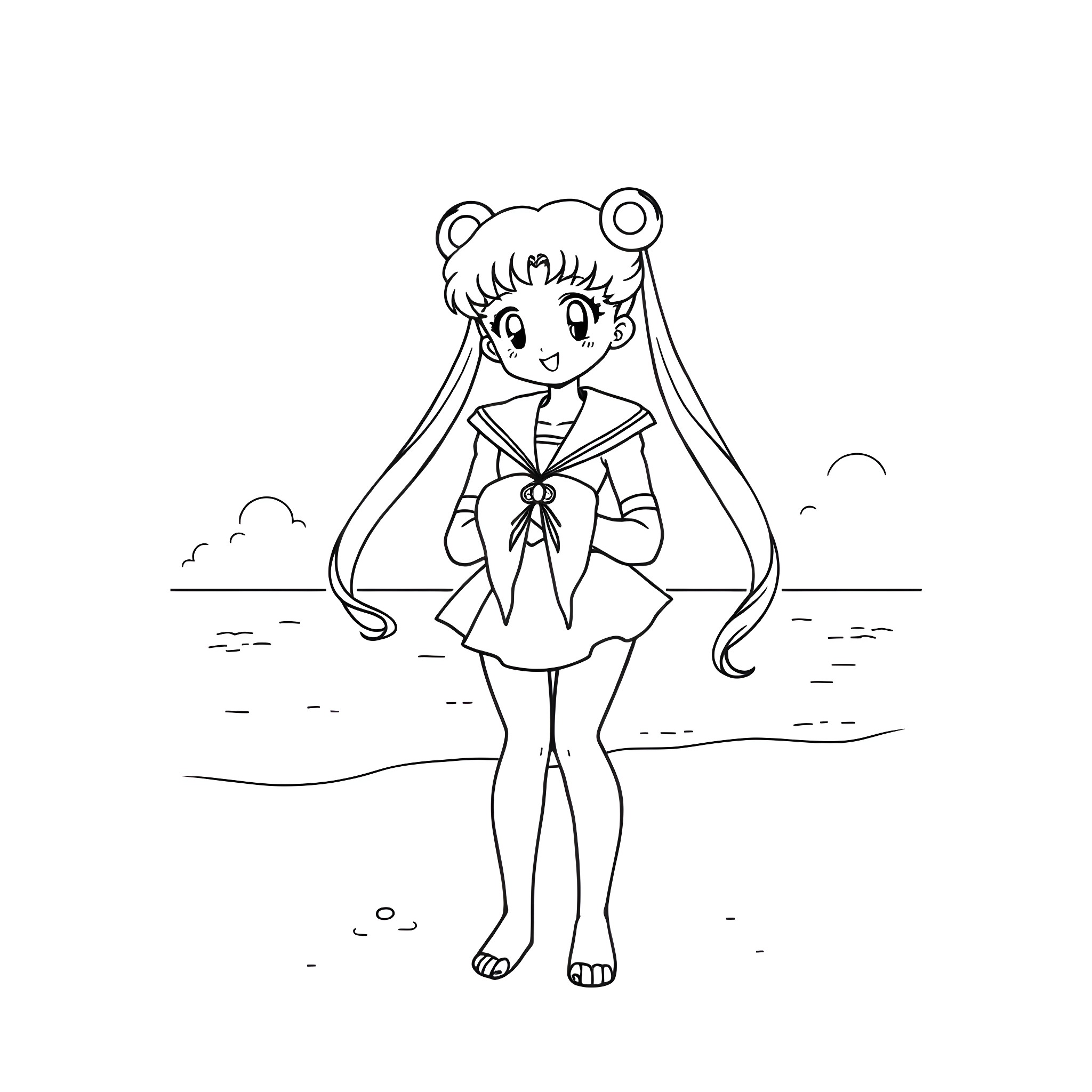 Sailor Moon in a scenic outdoor setting Coloring Page (free black-and-white line drawing printable PDF for all, from beginners to advanced learners, including children, teens, adults, and seniors)
