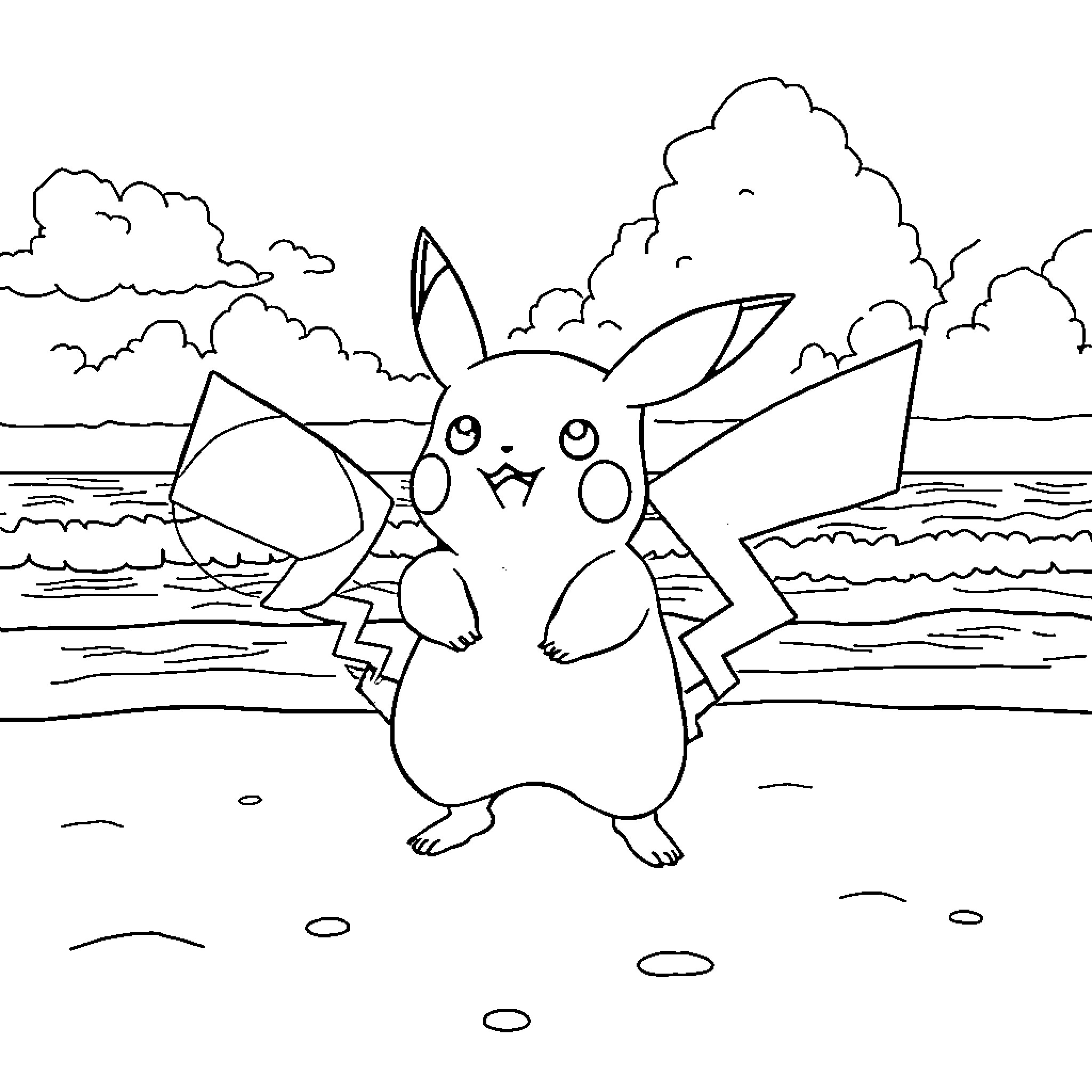 Pikachu enjoying a day at the beach Coloring Page (free black-and-white line drawing printable PDF for all, from beginners to advanced learners, including children, teens, adults, and seniors)