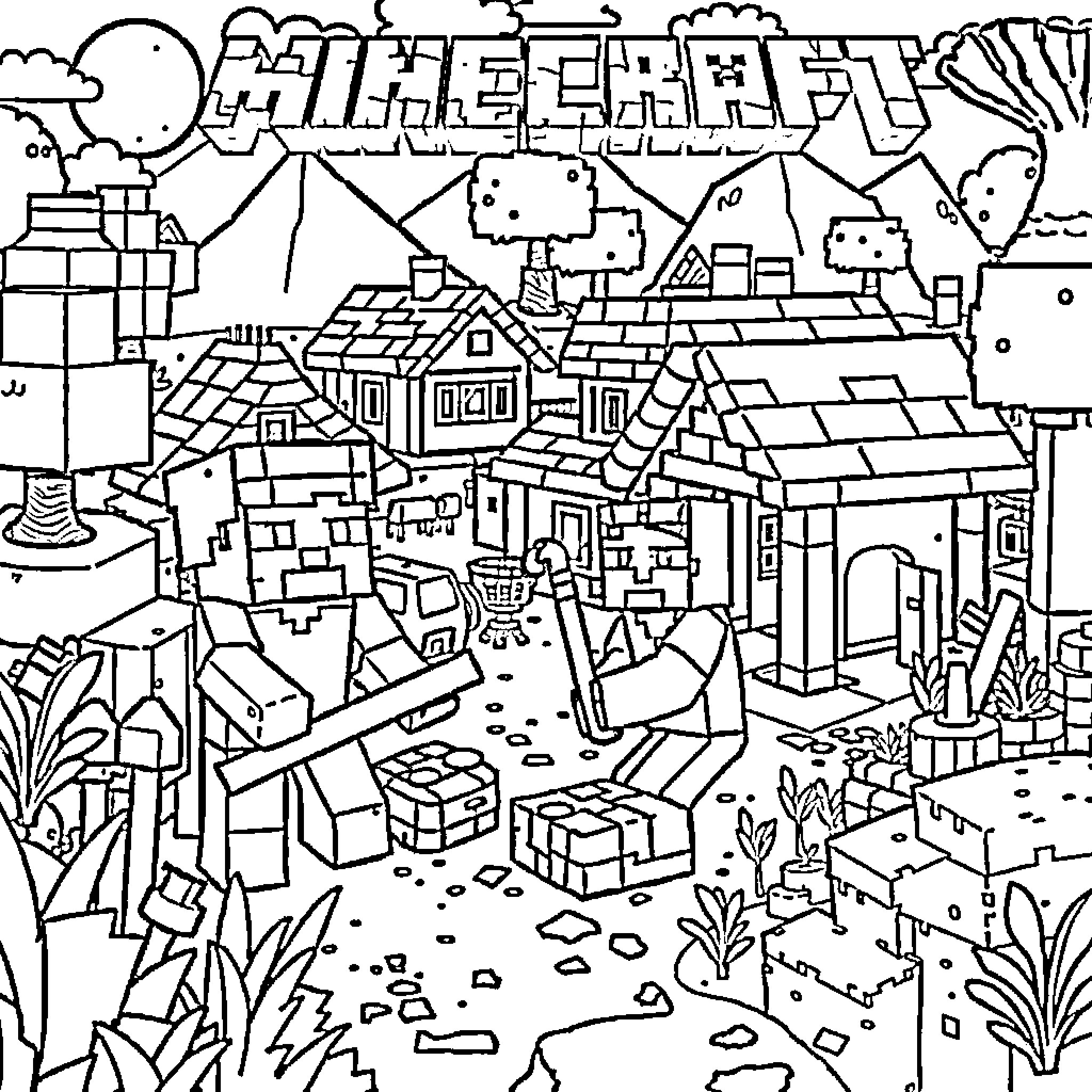Villager's Whimsical Minecraft Adventure Coloring Page (free black-and-white line drawing printable PDF for all, from beginners to advanced learners, including children, teens, adults, and seniors)