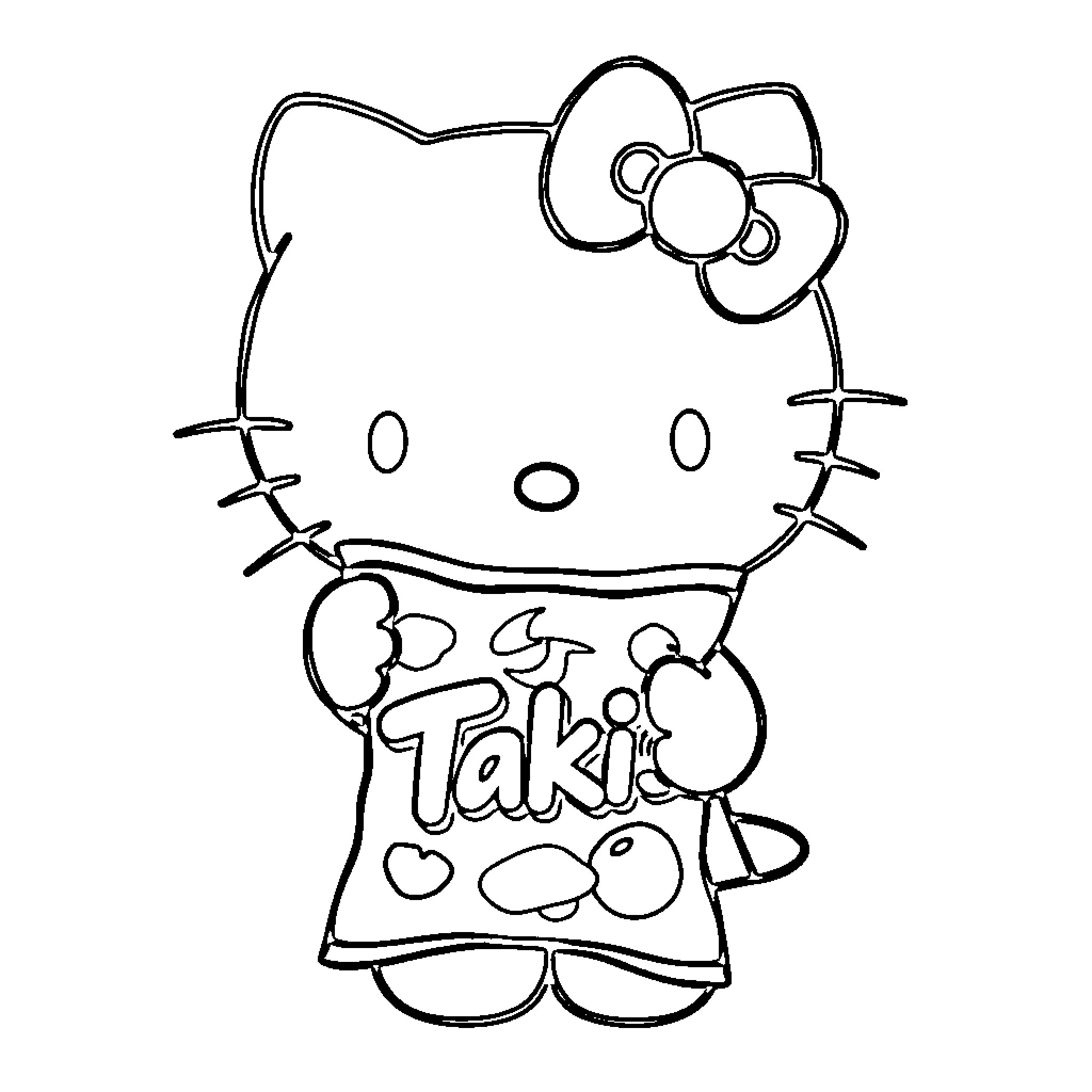 Hello Kitty wearing a Taki shirt Coloring Page (free black-and-white line drawing printable PDF for all, from beginners to advanced learners, including children, teens, adults, and seniors)