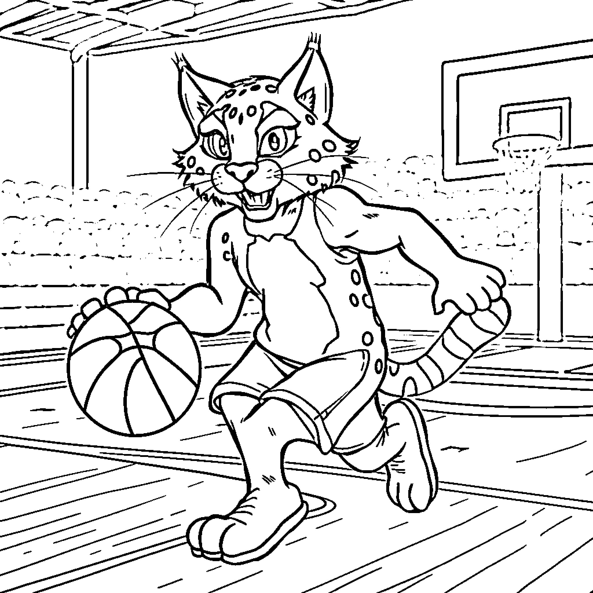 Bobcat playing basketball in the court Coloring Page (free black-and-white line drawing printable PDF for all, from beginners to advanced learners, including children, teens, adults, and seniors)