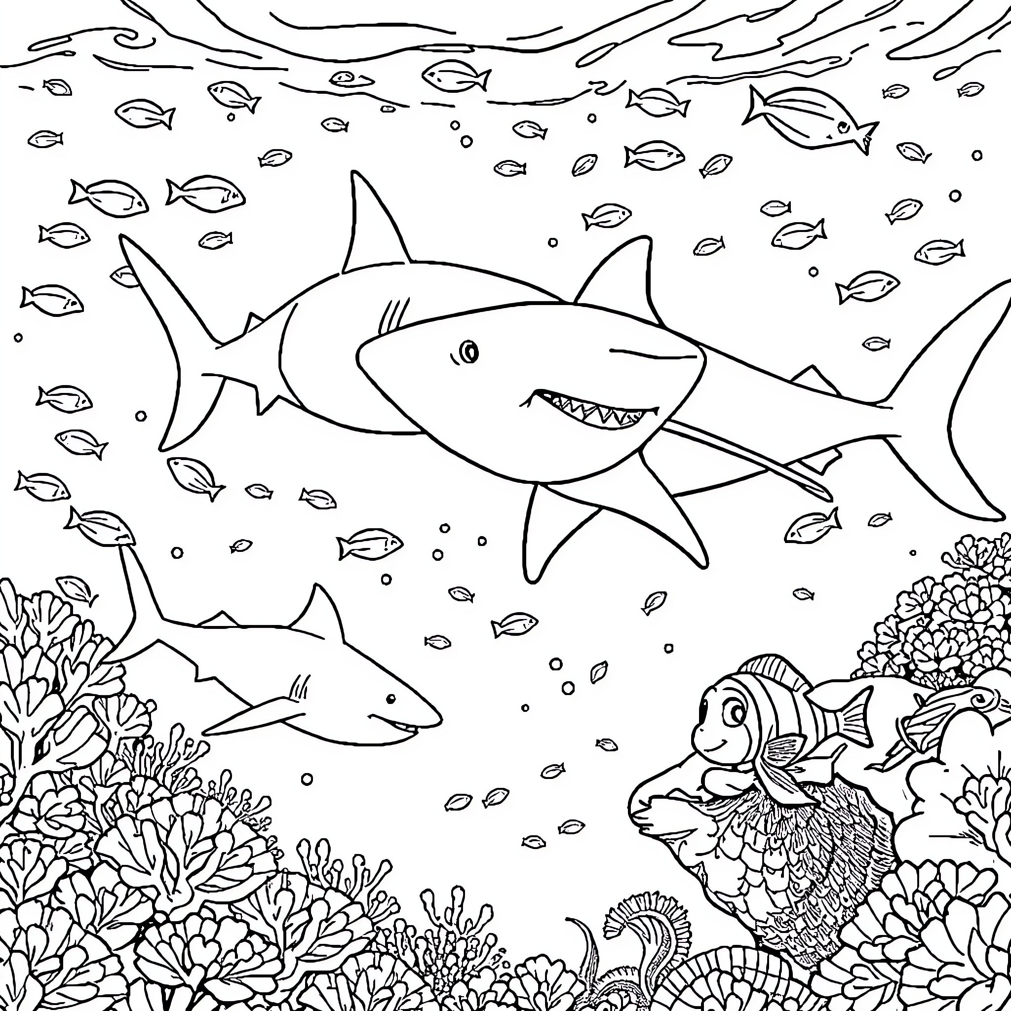 Shark swimming among diverse marine life Coloring Page (free black-and-white line drawing printable PDF for all, from beginners to advanced learners, including children, teens, adults, and seniors)