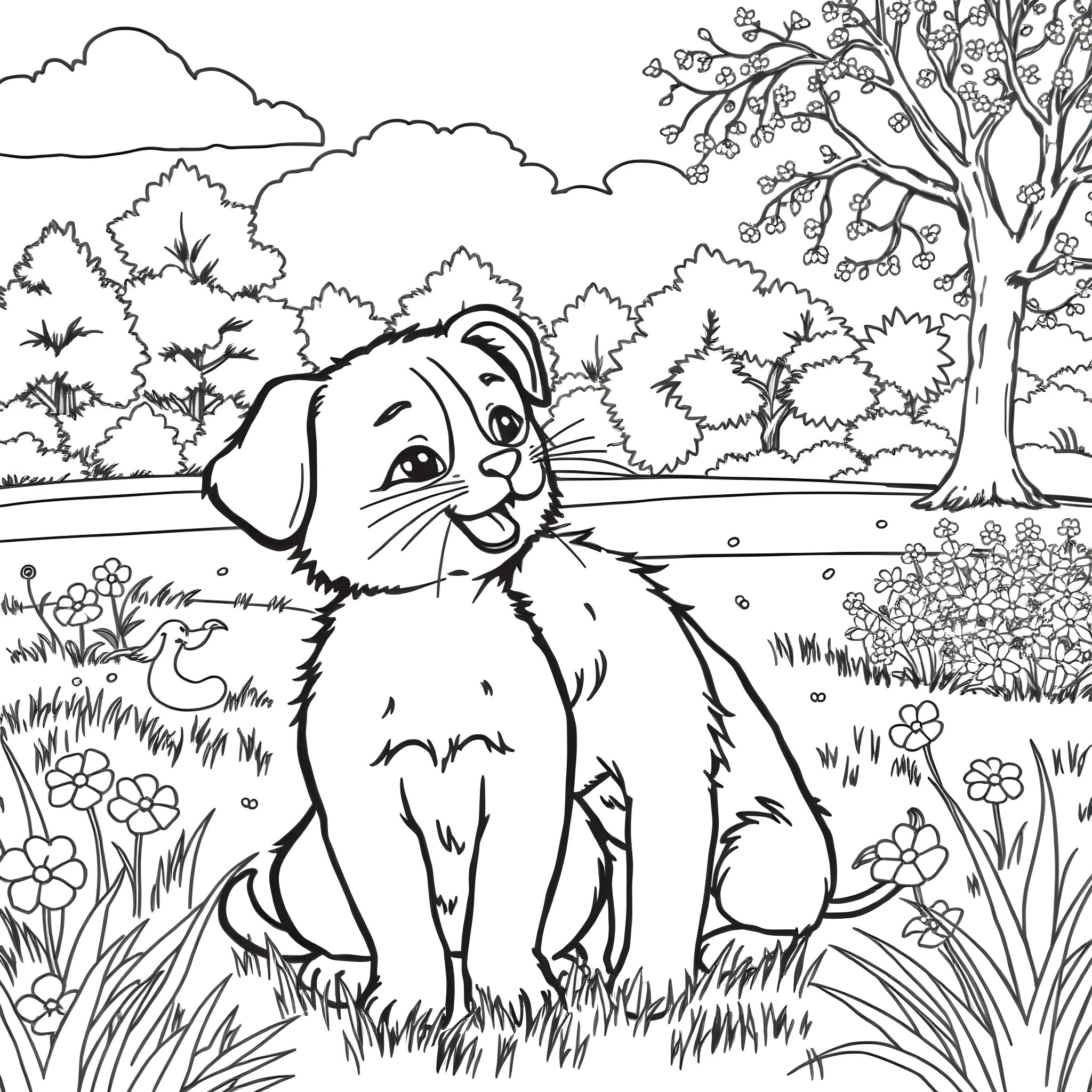 Cat exploring the outdoor nature scene Coloring Page (free black-and-white line drawing printable PDF for all, from beginners to advanced learners, including children, teens, adults, and seniors)