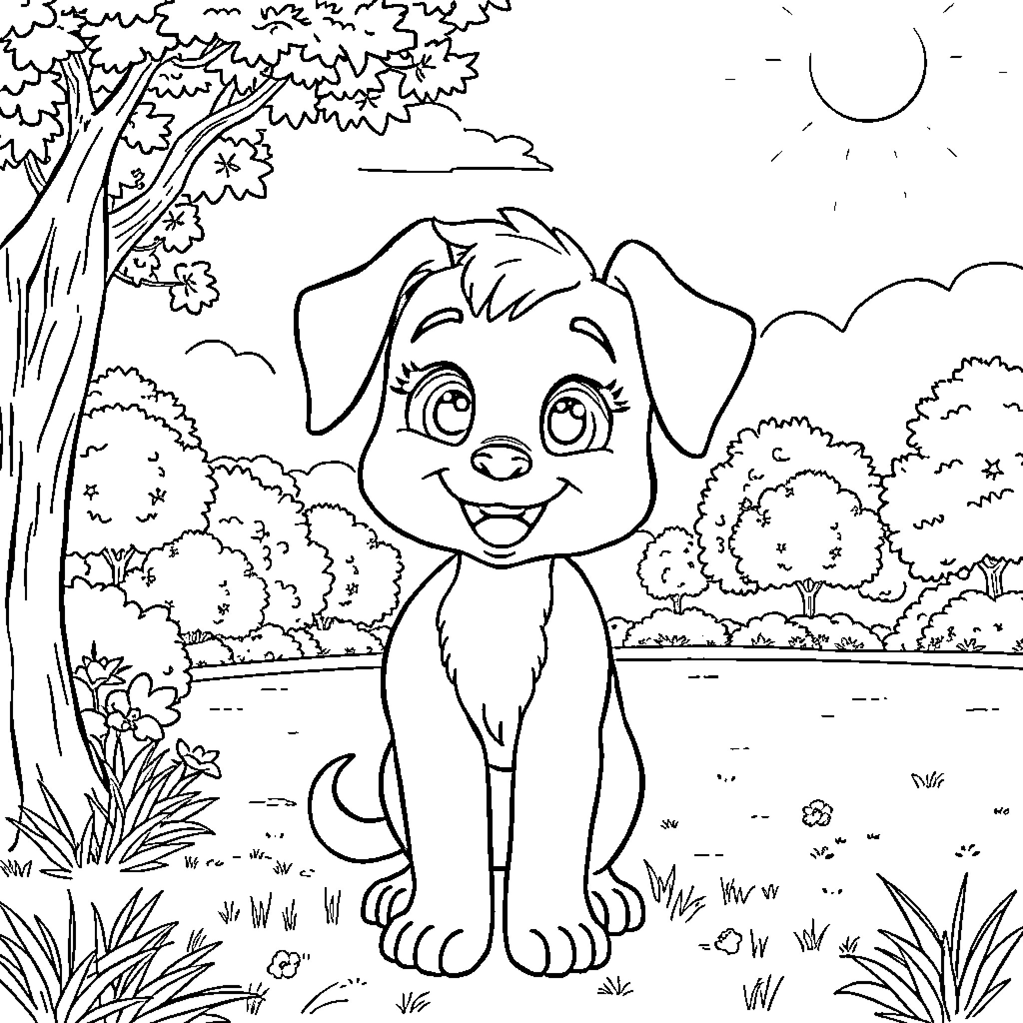 Zoey the Playful Puppy in the Enchanting Outdoors Coloring Page (free black-and-white line drawing printable PDF for all, from beginners to advanced learners, including children, teens, adults, and seniors)