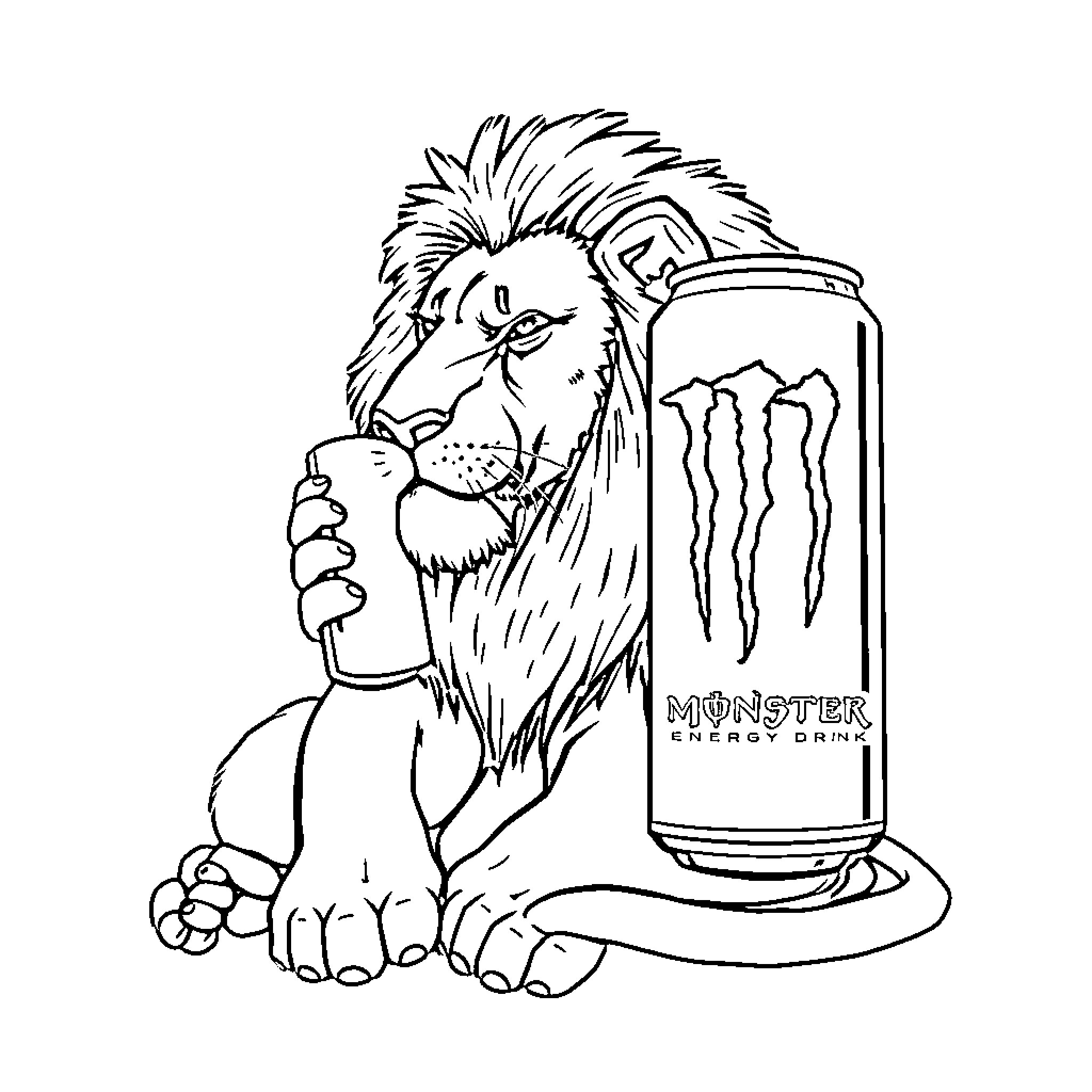 Lion drinking Monster energy drink Coloring Page (free black-and-white line drawing printable PDF for all, from beginners to advanced learners, including children, teens, adults, and seniors)