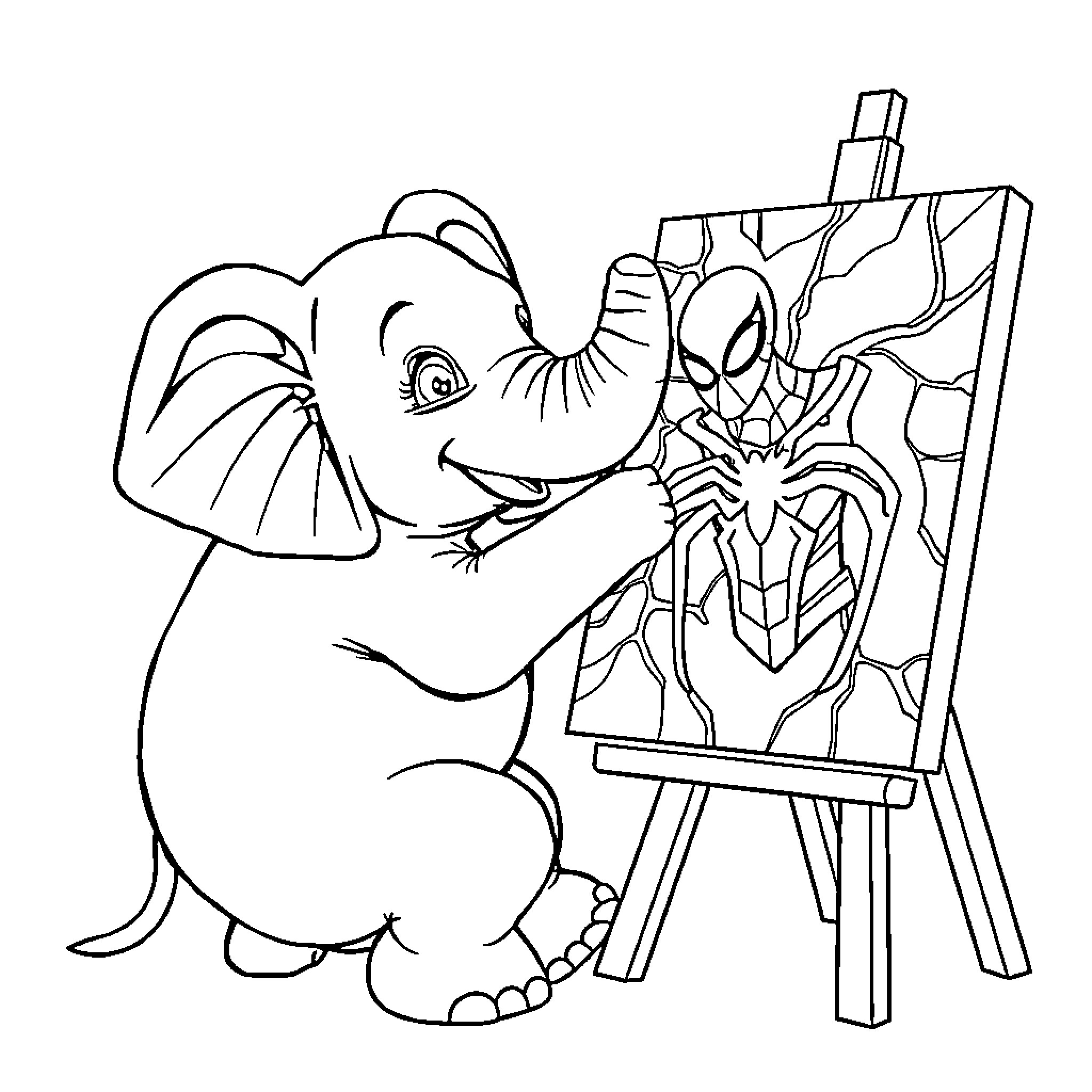 Elephant painting a spider-themed artwork Coloring Page (free black-and-white line drawing printable PDF for all, from beginners to advanced learners, including children, teens, adults, and seniors)