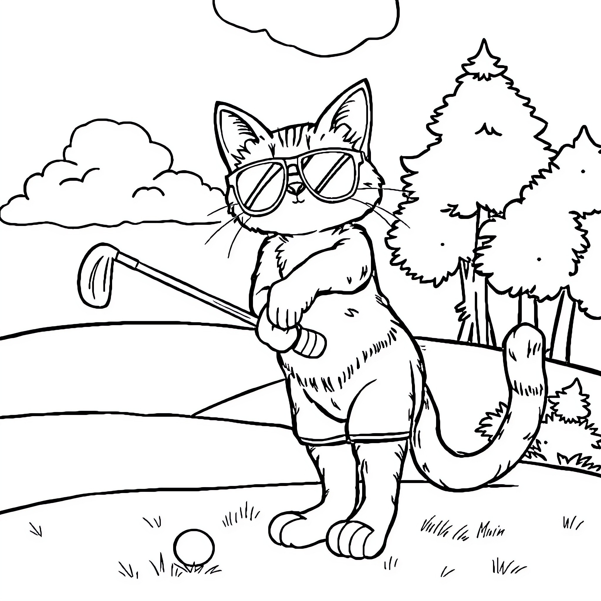 Cat enjoying summer outdoors with sunglasses Coloring Page (free black-and-white line drawing printable PDF for all, from beginners to advanced learners, including children, teens, adults, and seniors)