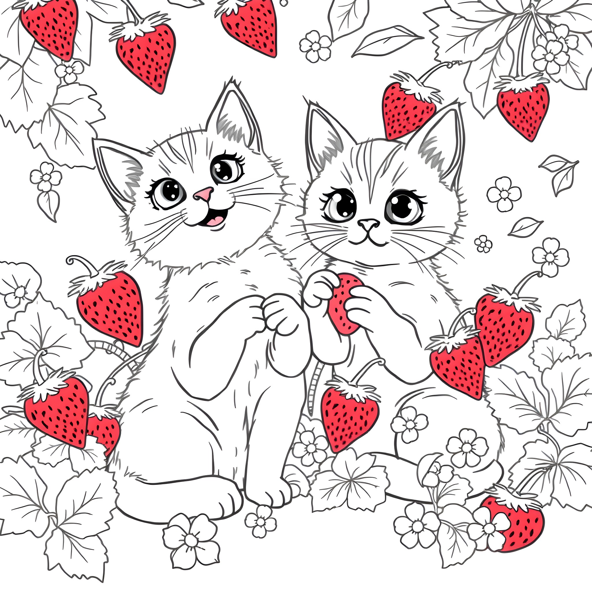 Cat kittens playing with strawberries in garden Coloring Page (free black-and-white line drawing printable PDF for all, from beginners to advanced learners, including children, teens, adults, and seniors)