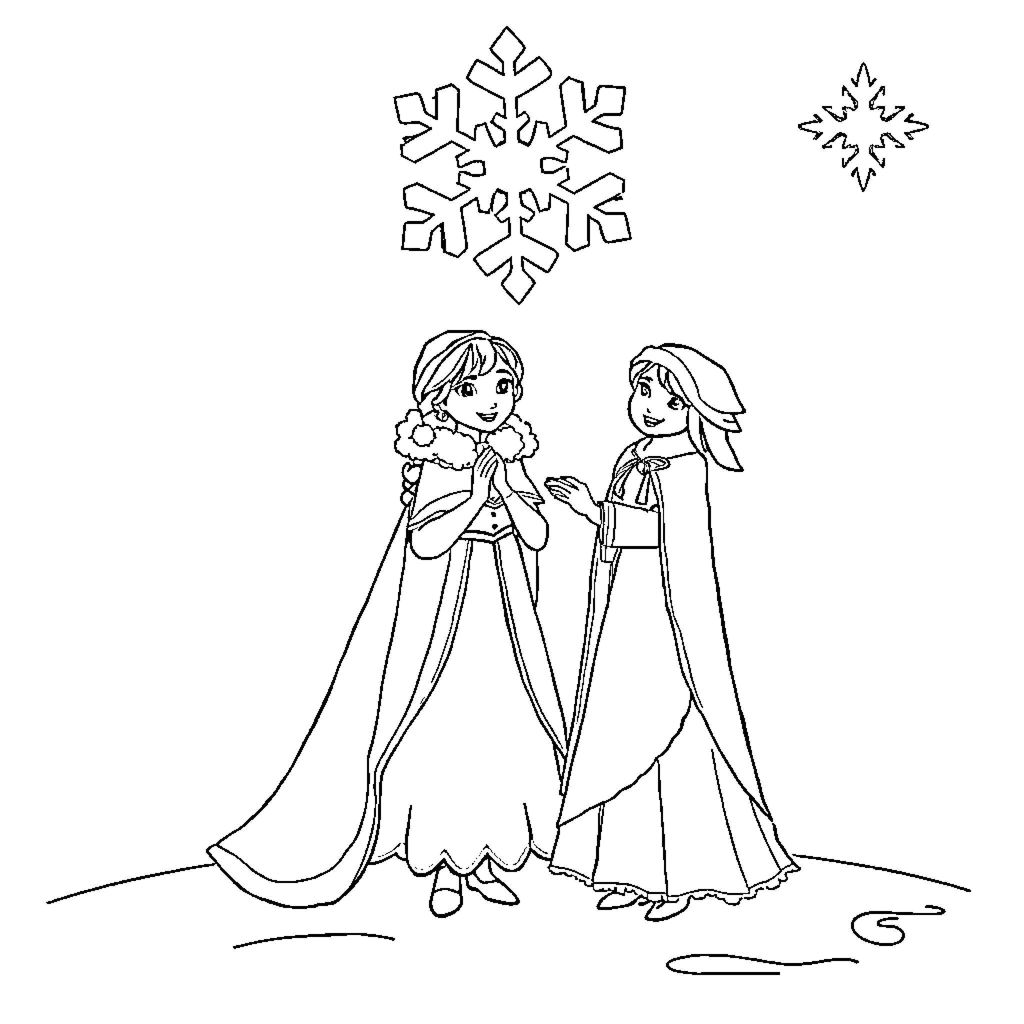 Queen Elsa and Queen Anna in winter dresses Coloring Page (free black-and-white line drawing printable PDF for all, from beginners to advanced learners, including children, teens, adults, and seniors)