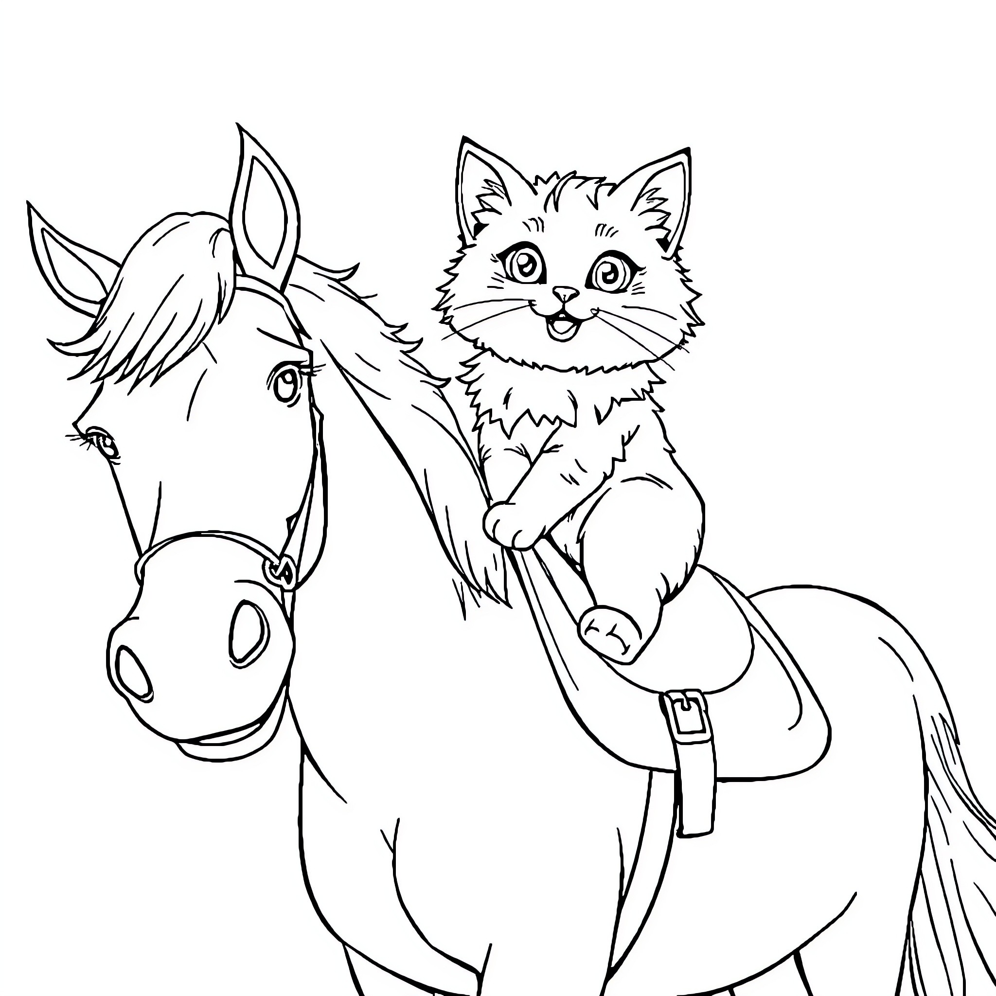 Cat riding on a playful horse Coloring Page (free black-and-white line drawing printable PDF for all, from beginners to advanced learners, including children, teens, adults, and seniors)