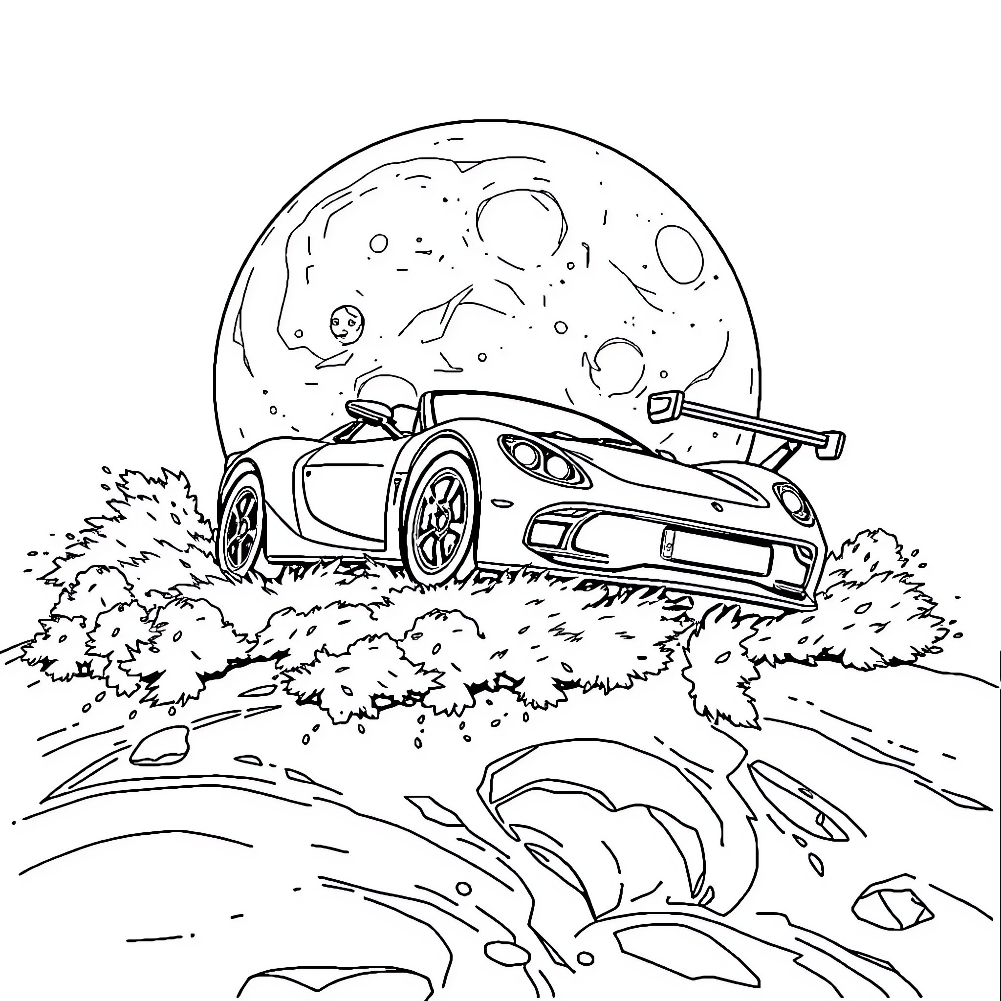Car driving on a rocky road under the moon Coloring Page (free black-and-white line drawing printable PDF for all, from beginners to advanced learners, including children, teens, adults, and seniors)