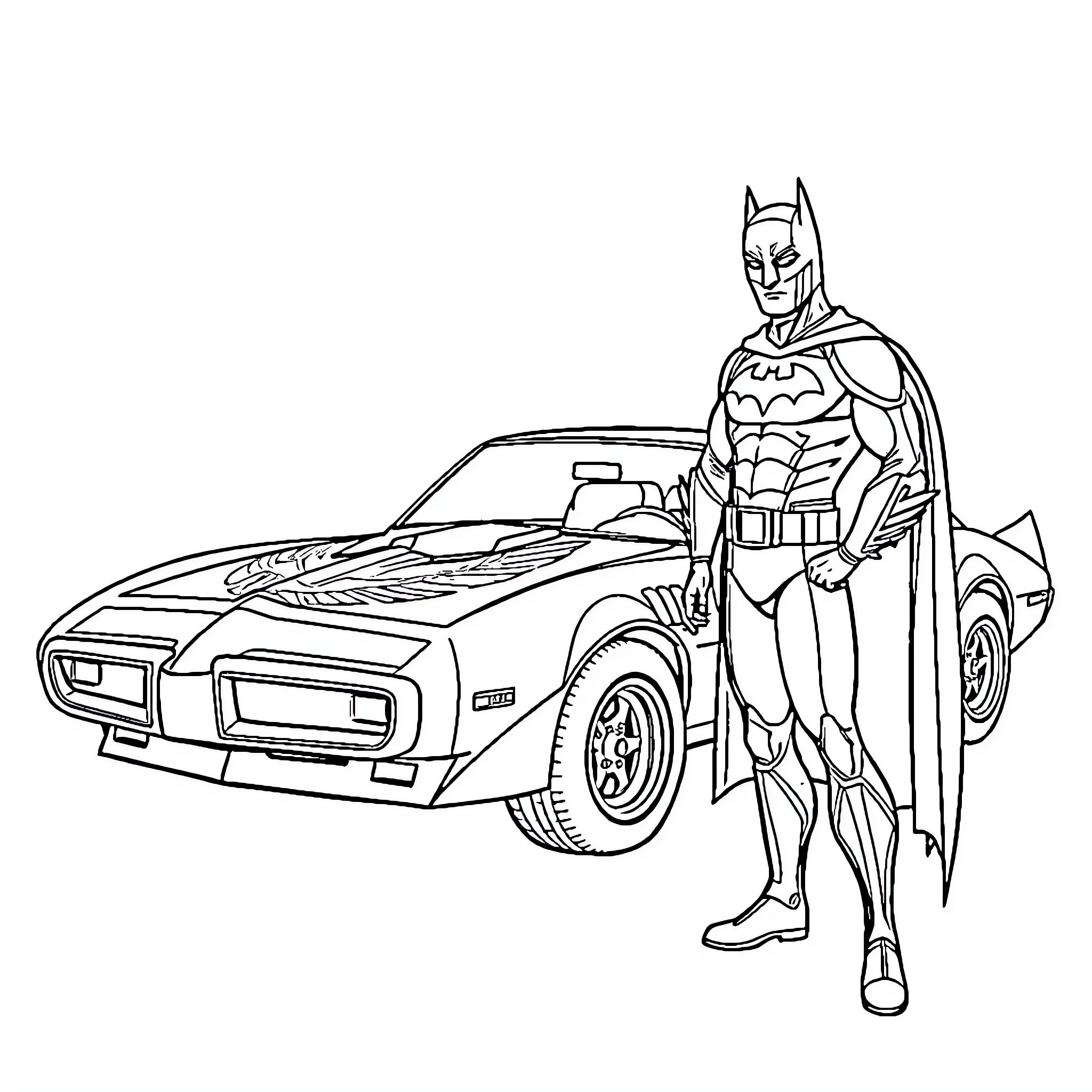 Firebird hero posing beside futuristic vehicle Coloring Page (free black-and-white line drawing printable PDF for all, from beginners to advanced learners, including children, teens, adults, and seniors)