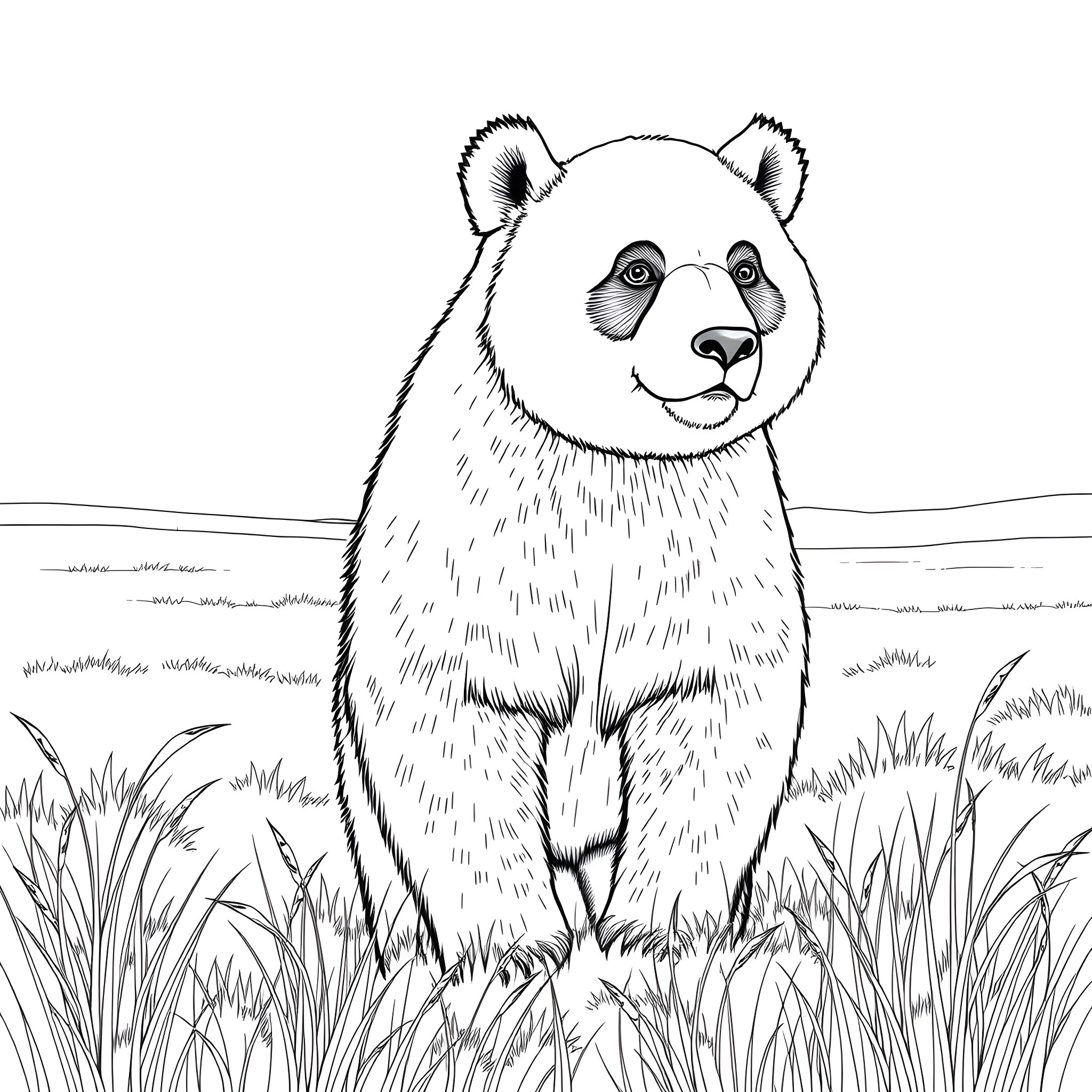 Panda in a grassy field Coloring Page (free black-and-white line drawing printable PDF for all, from beginners to advanced learners, including children, teens, adults, and seniors)