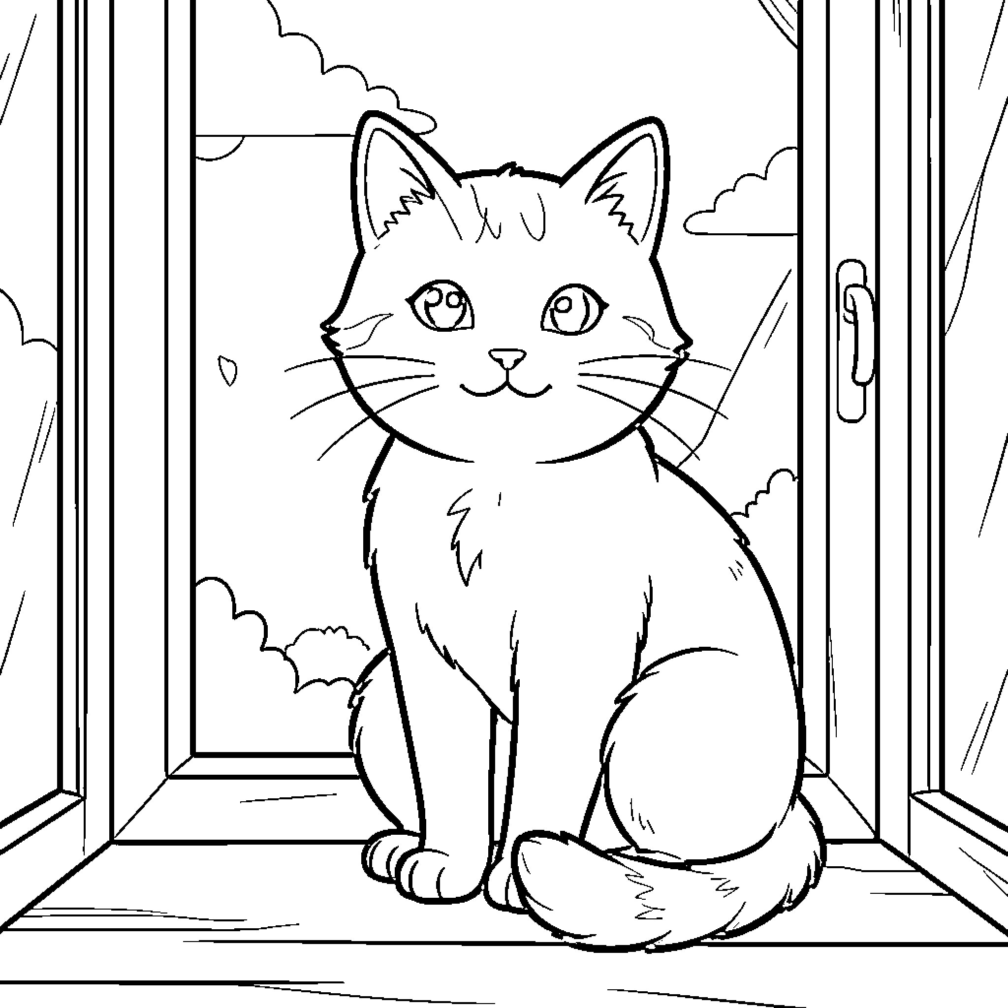 Siren Cat sitting peacefully by a window Coloring Page (free black-and-white line drawing printable PDF for all, from beginners to advanced learners, including children, teens, adults, and seniors)