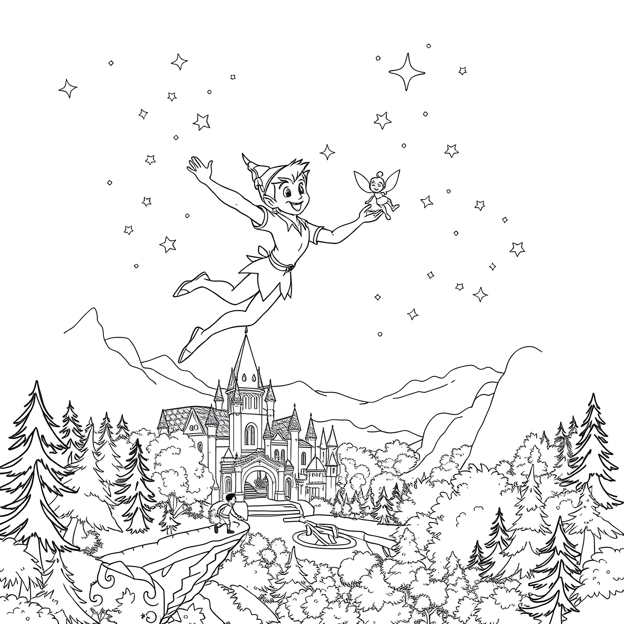 Peter Pan flying over a fantasy castle in the night Coloring Page (free black-and-white line drawing printable PDF for all, from beginners to advanced learners, including children, teens, adults, and seniors)