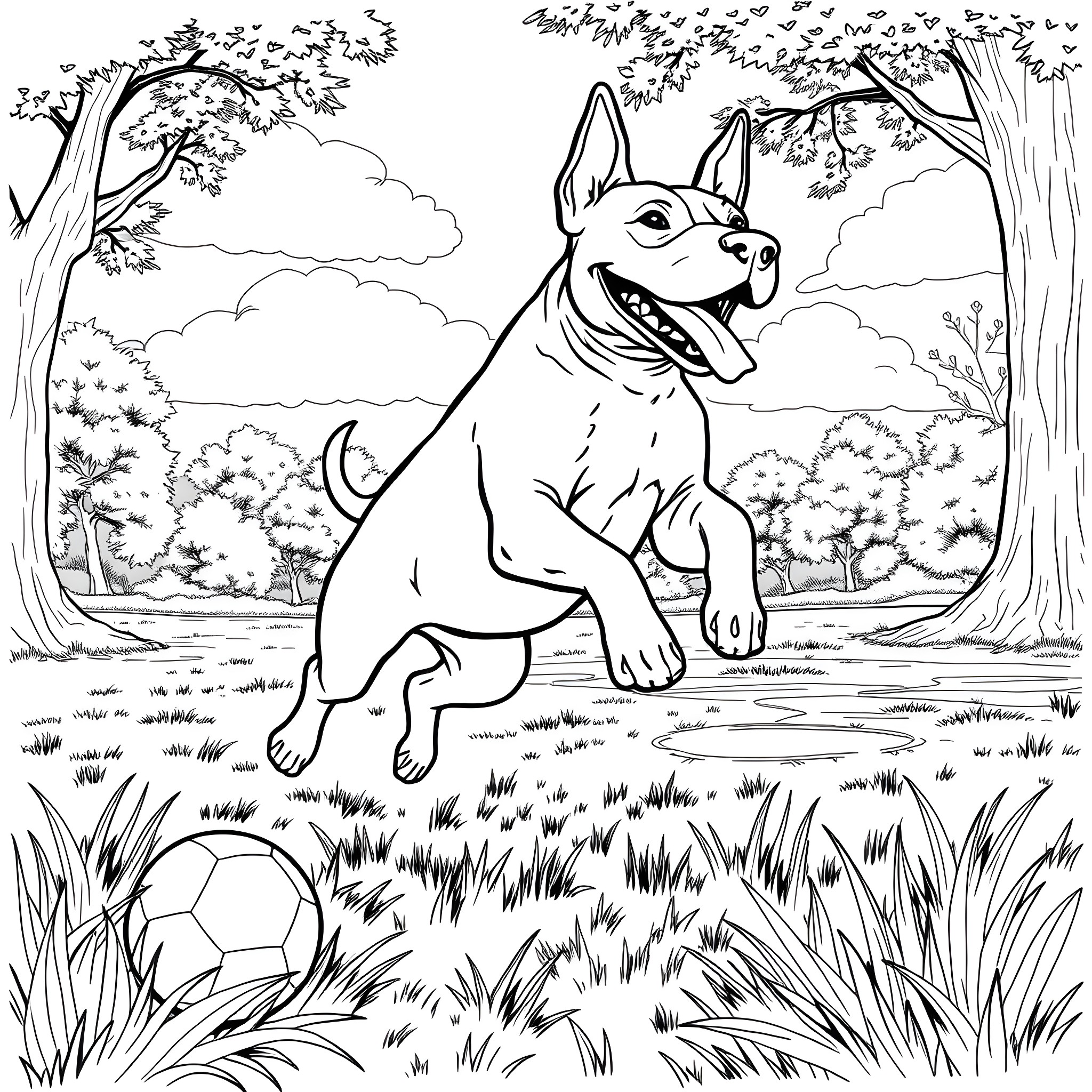 Bullterrier playing happily with soccer ball in the forest Coloring Page (free black-and-white line drawing printable PDF for all, from beginners to advanced learners, including children, teens, adults, and seniors)