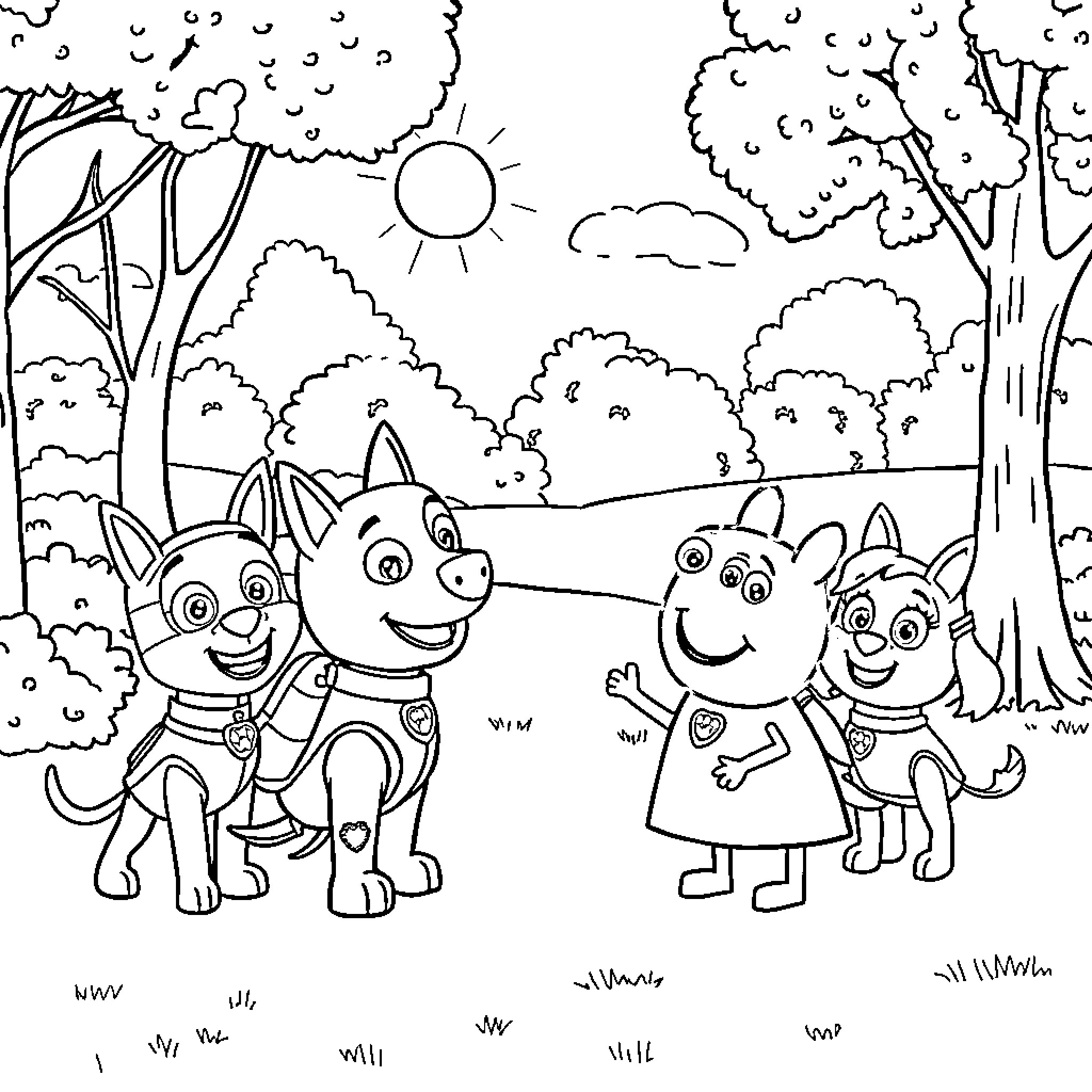 Peppa Wutz and friends explore the forest Coloring Page (free black-and-white line drawing printable PDF for all, from beginners to advanced learners, including children, teens, adults, and seniors)