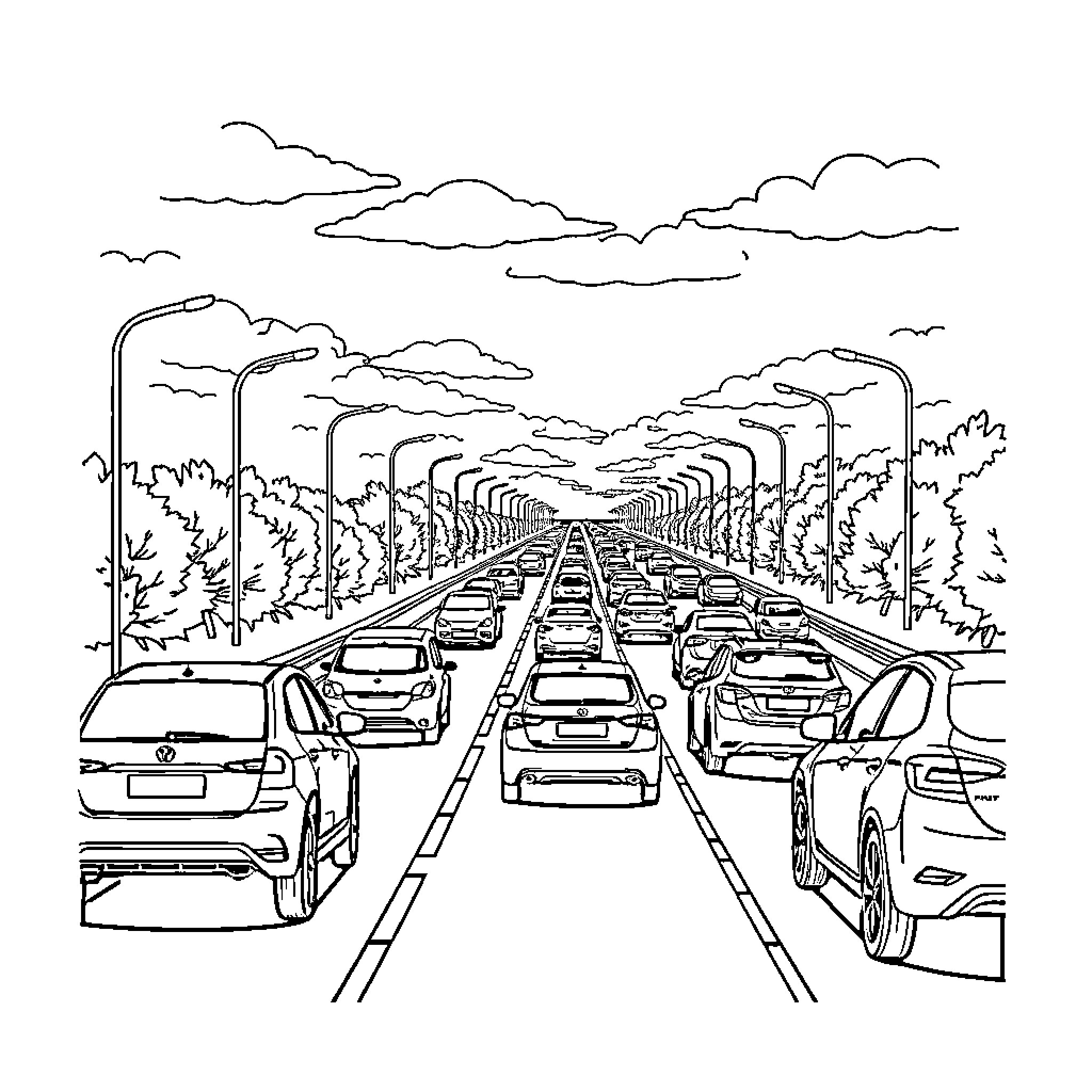 Road filled with cars on a busy highway Coloring Page (free black-and-white line drawing printable PDF for all, from beginners to advanced learners, including children, teens, adults, and seniors)