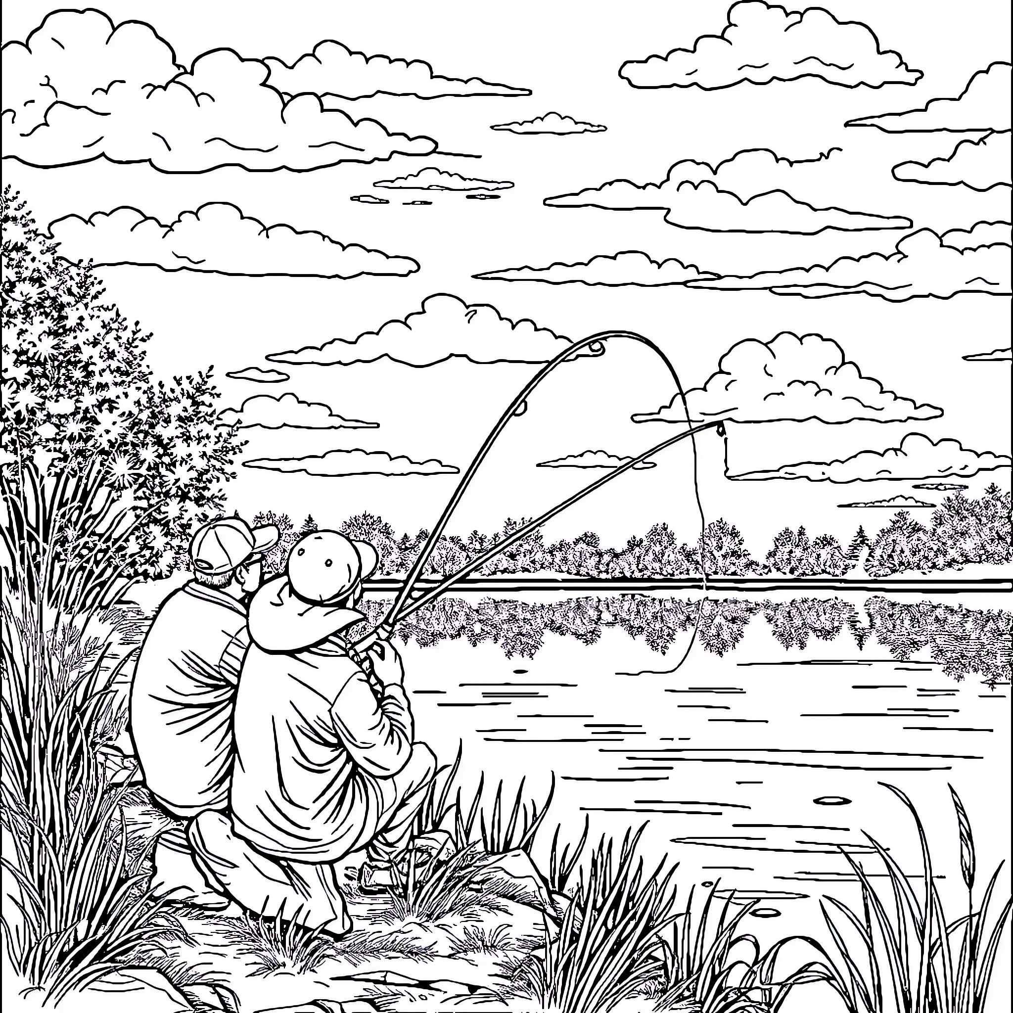 Carp fishing in a serene nature landscape Coloring Page (free black-and-white line drawing printable PDF for all, from beginners to advanced learners, including children, teens, adults, and seniors)