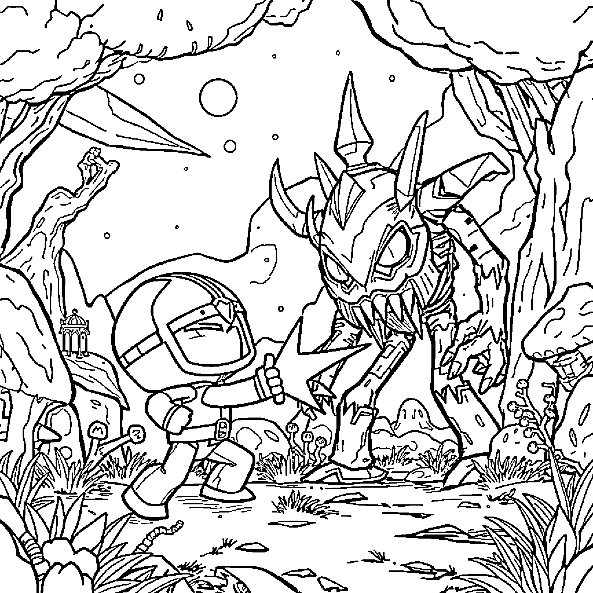 Sackboy's Spooky Adventure in the Mysterious Landscape Coloring Page (free black-and-white line drawing printable PDF for all, from beginners to advanced learners, including children, teens, adults, and seniors)
