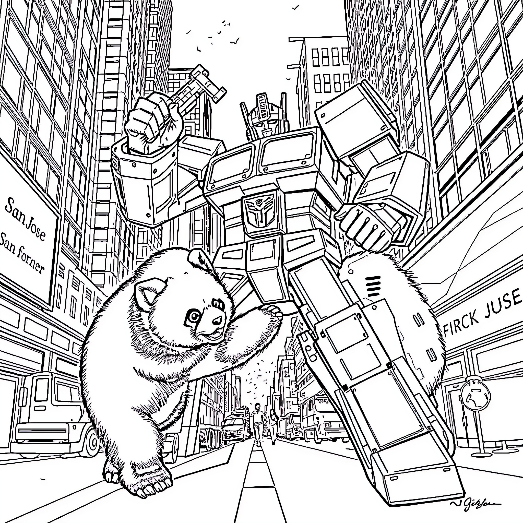 Optimus Prime vs. Friendly Panda in Futuristic City Coloring Page (free black-and-white line drawing printable PDF for all, from beginners to advanced learners, including children, teens, adults, and seniors)
