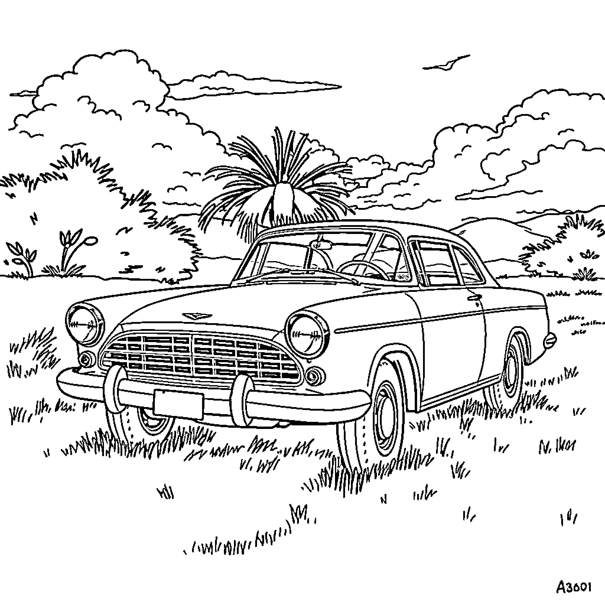 Black and White Classic Car Landscape Coloring Page (free black-and-white line drawing printable PDF for all, from beginners to advanced learners, including children, teens, adults, and seniors)