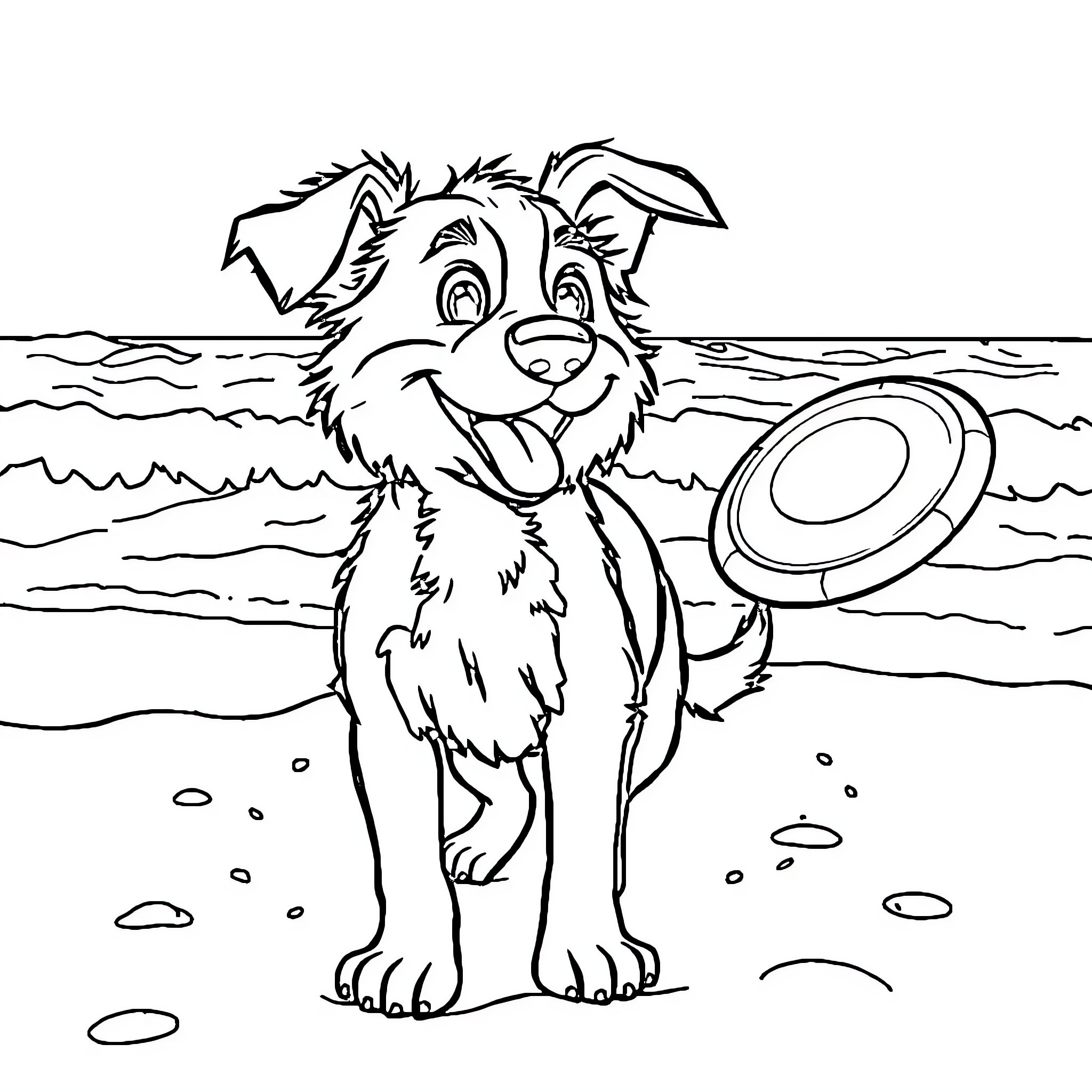 Bingo the Playful Puppy at the Beach Coloring Page (free black-and-white line drawing printable PDF for all, from beginners to advanced learners, including children, teens, adults, and seniors)
