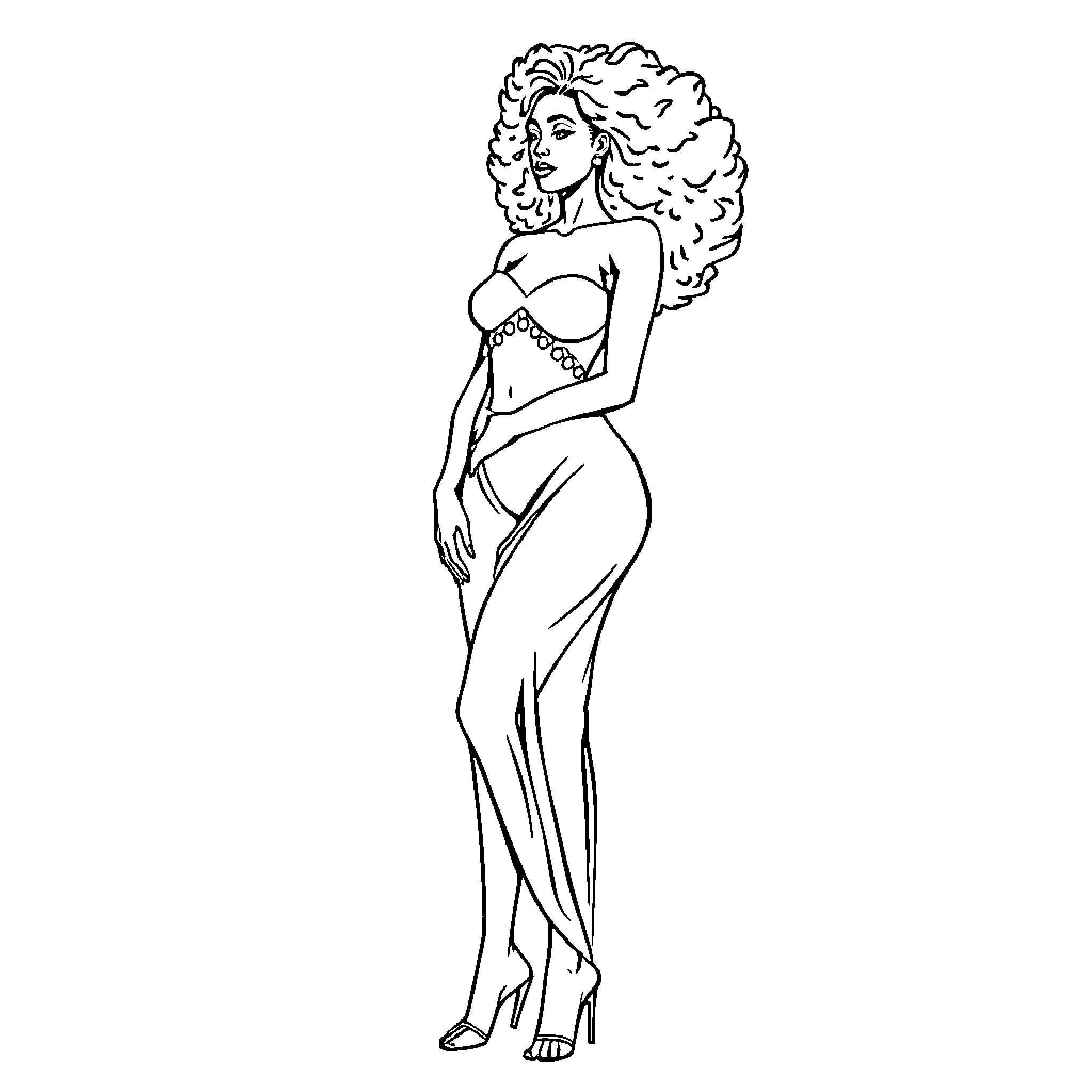 Lady in Fashionable Attire Posing Gracefully Coloring Page (free black-and-white line drawing printable PDF for all, from beginners to advanced learners, including children, teens, adults, and seniors)