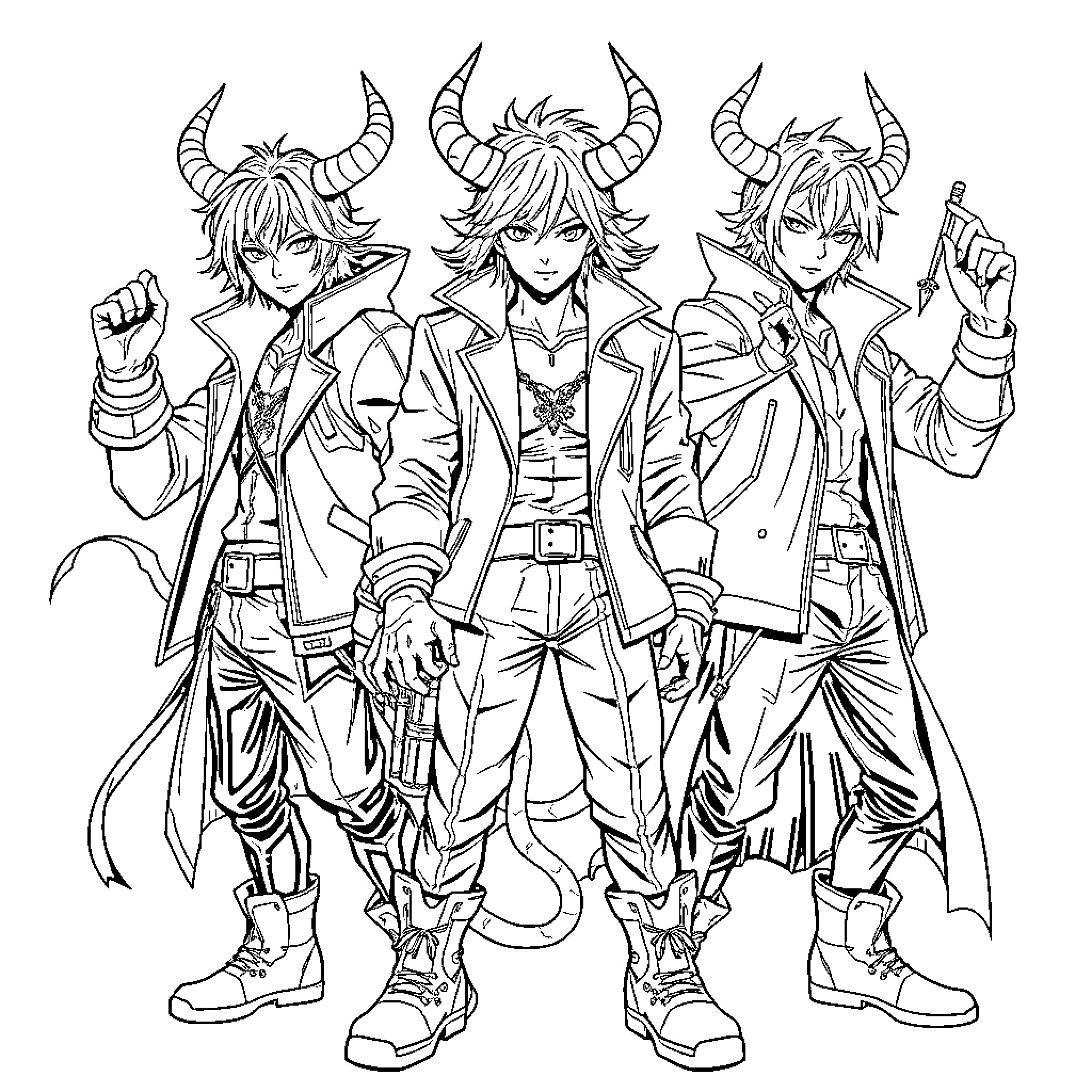 Demon Hunters in Action: Fierce Expressions and Stylish Outfits Coloring Page (free black-and-white line drawing printable PDF for all, from beginners to advanced learners, including children, teens, adults, and seniors)