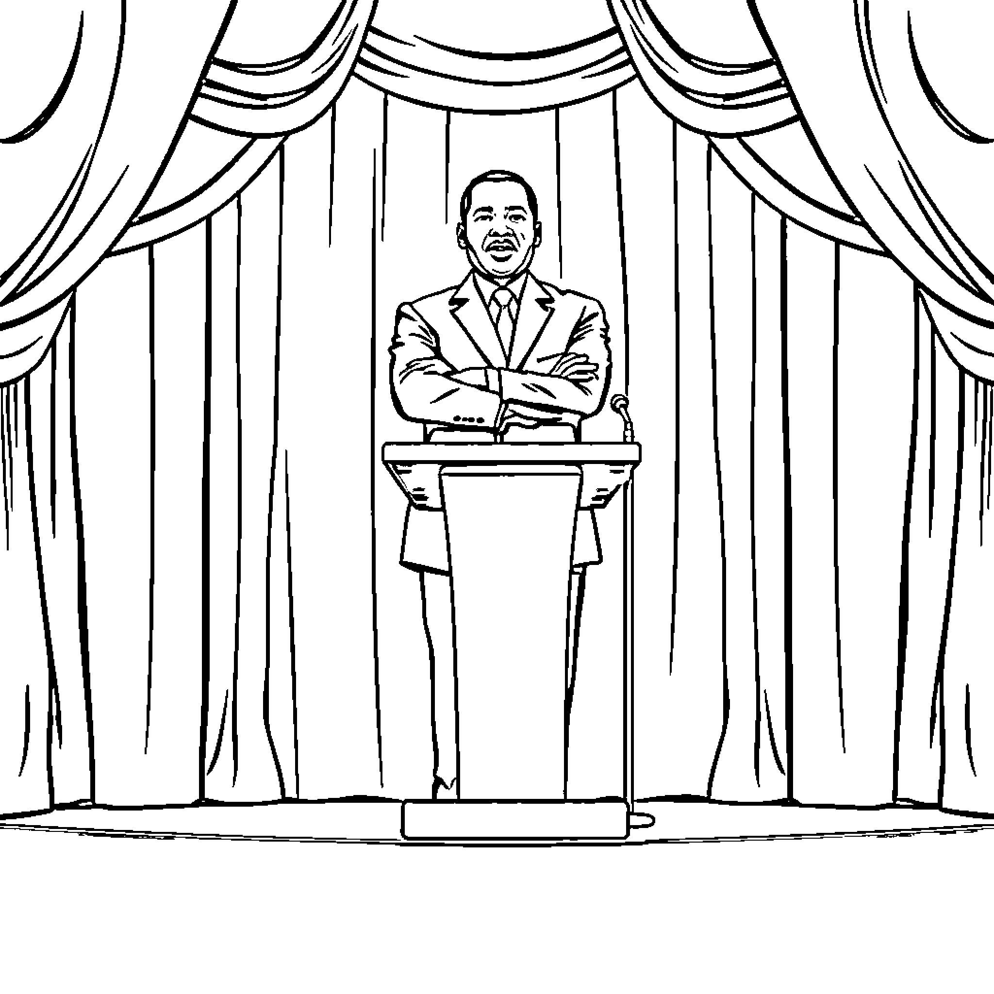 Martin Luther King Jr. delivering speech on stage Coloring Page (free black-and-white line drawing printable PDF for all, from beginners to advanced learners, including children, teens, adults, and seniors)