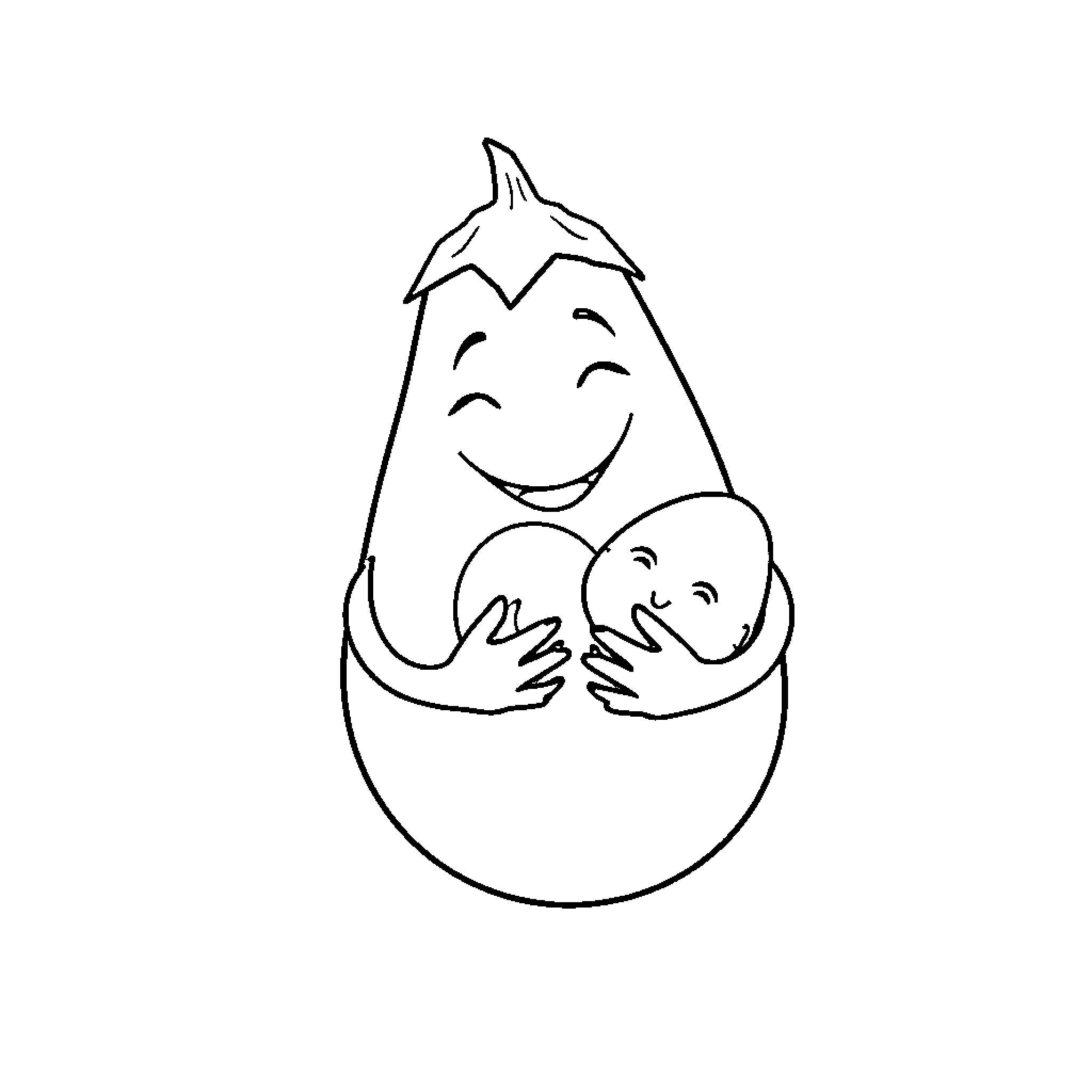 Eggplant with a hatchling in an egg Coloring Page (free black-and-white line drawing printable PDF for all, from beginners to advanced learners, including children, teens, adults, and seniors)